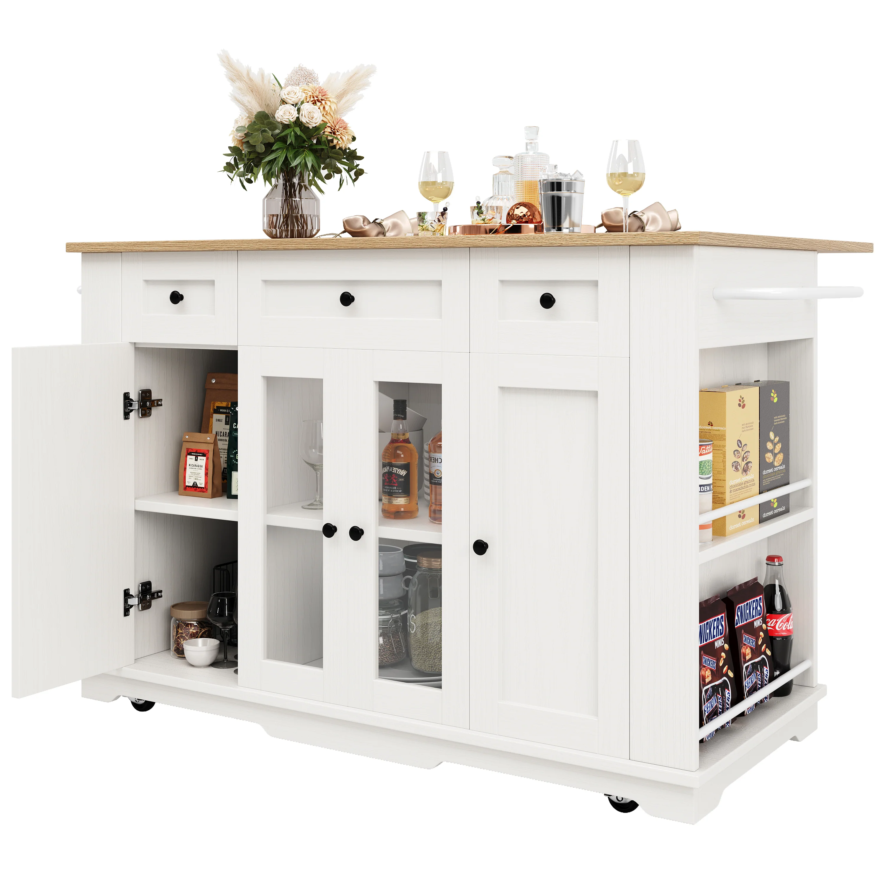 Kitchen Island Cabinet Tempered Glass Worktop Storage - White - Image 3