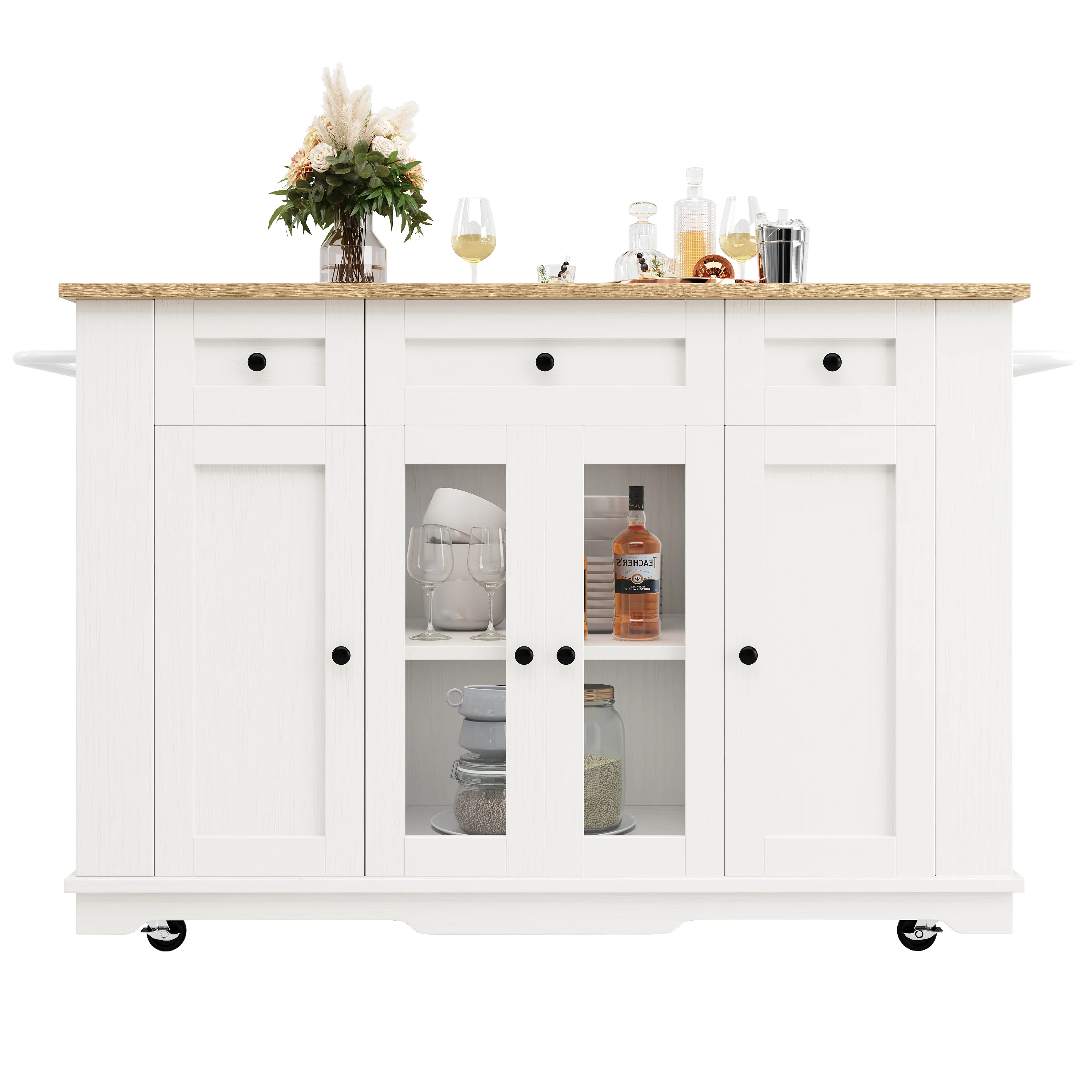 Kitchen Island Cabinet Tempered Glass Worktop Storage - White - Image 5