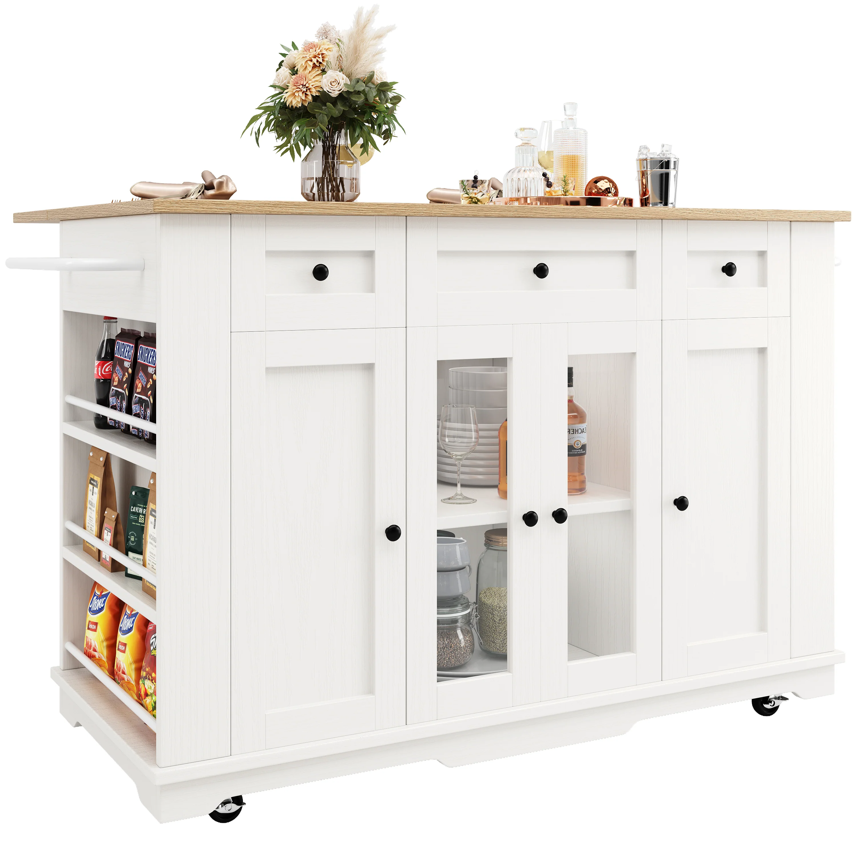 Kitchen Island Cabinet Tempered Glass Worktop Storage - White - Image 6