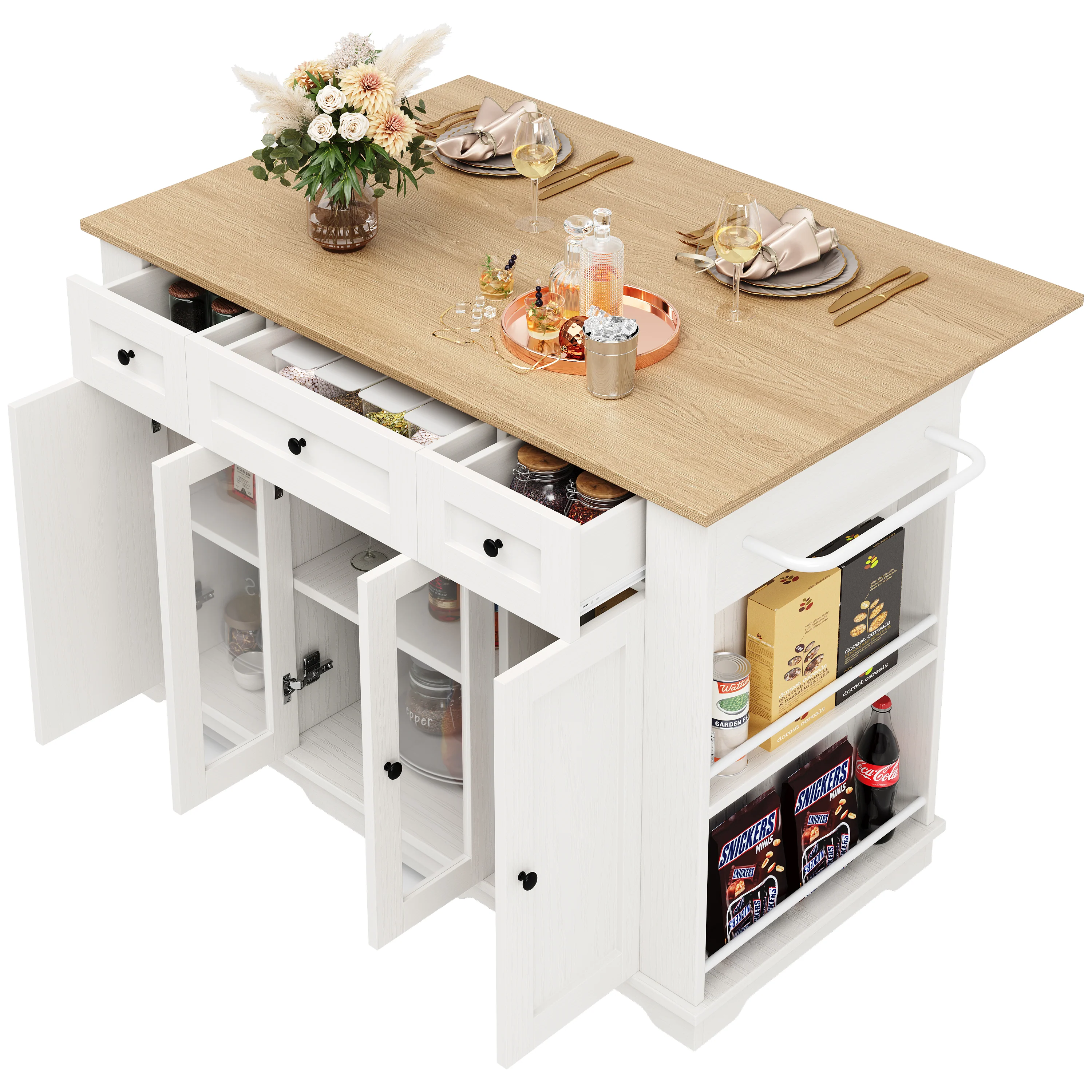 Kitchen Island Cabinet Tempered Glass Worktop Storage - White - Image 7