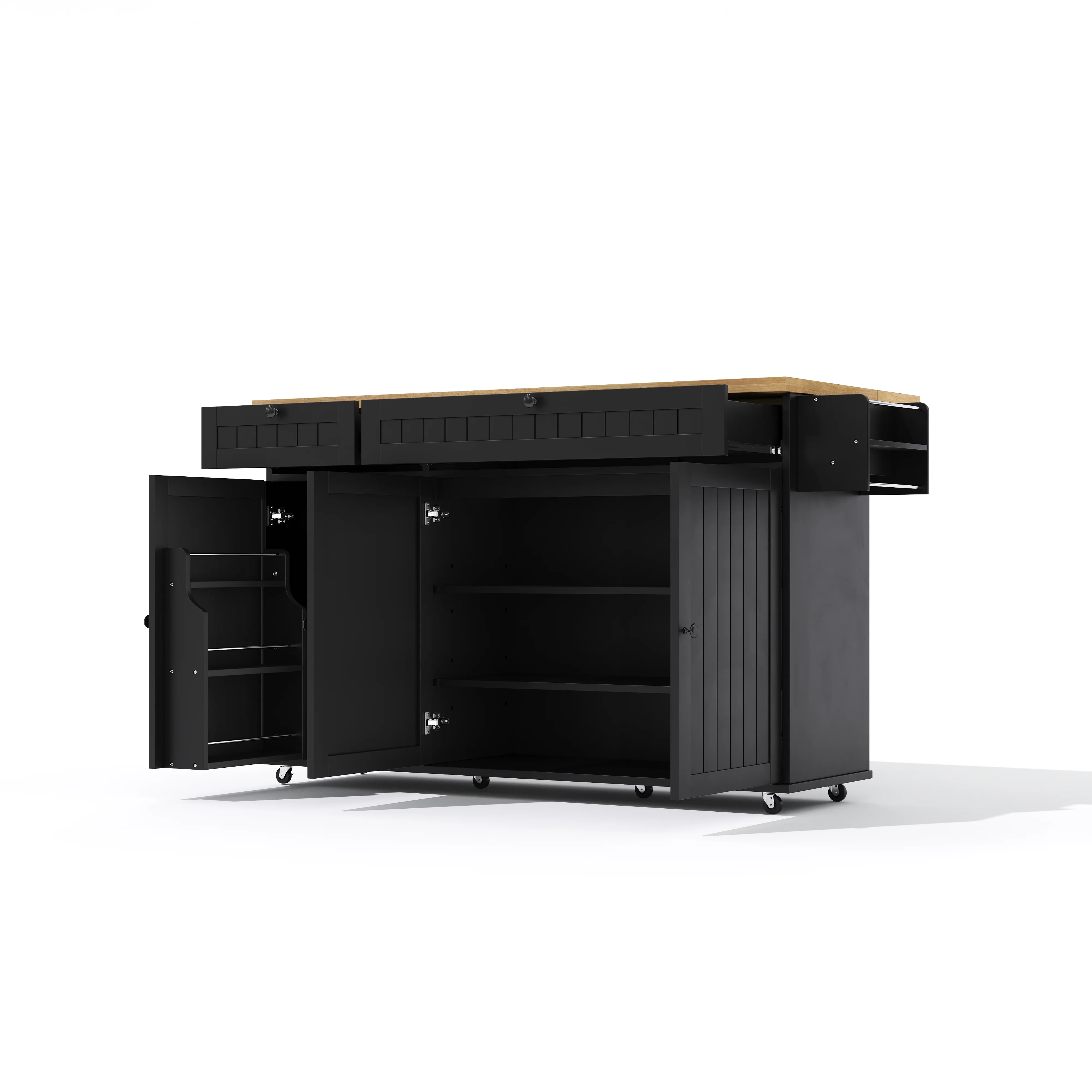 Kitchen Island Cabinet with Fold-Down Worktop, 6 Rolling Casters & Storage Drawers, Black - Image 10