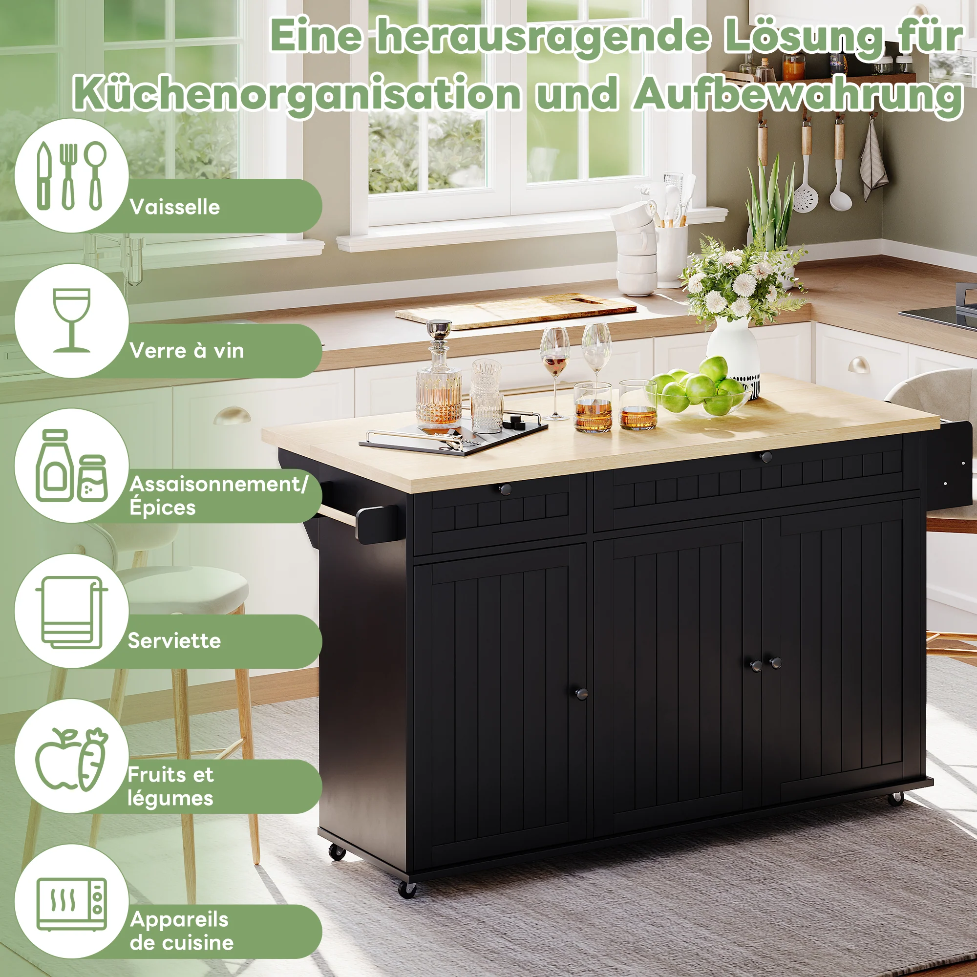 Kitchen Island Cabinet with Fold-Down Worktop, 6 Rolling Casters & Storage Drawers, Black - Image 5