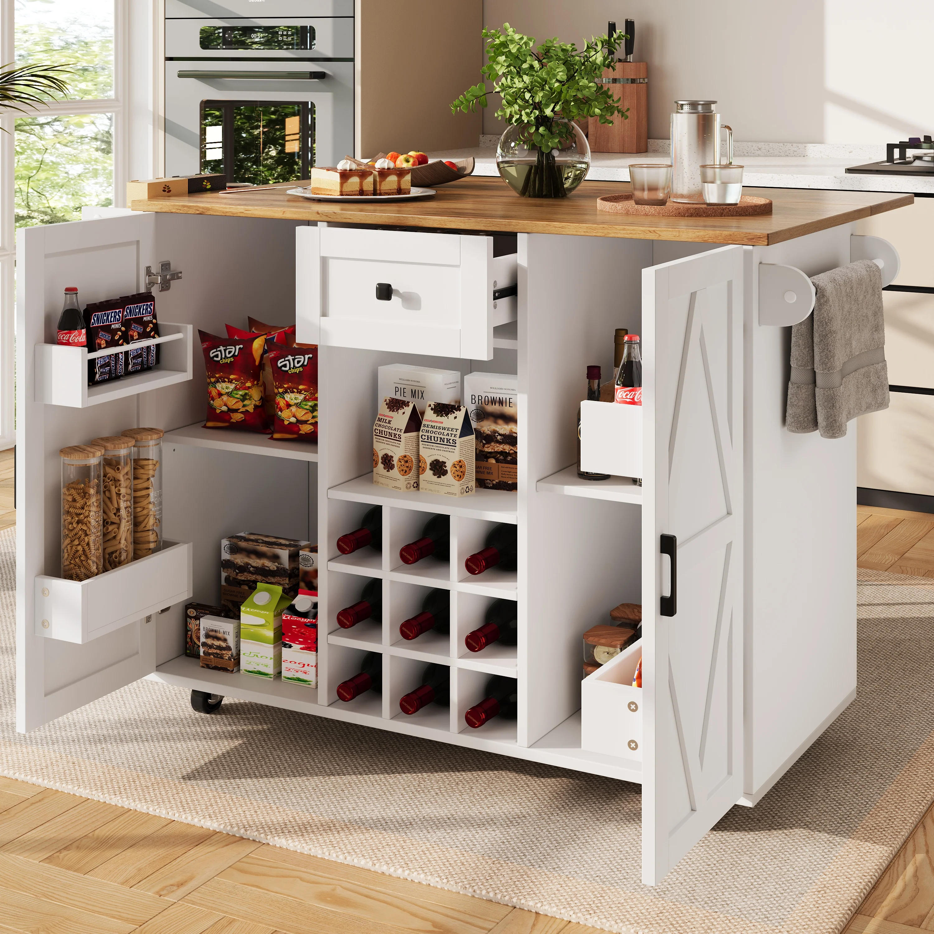 Kitchen Island Dining Cart Extendable Multifunctional Storage - Wood Grain - Image 2
