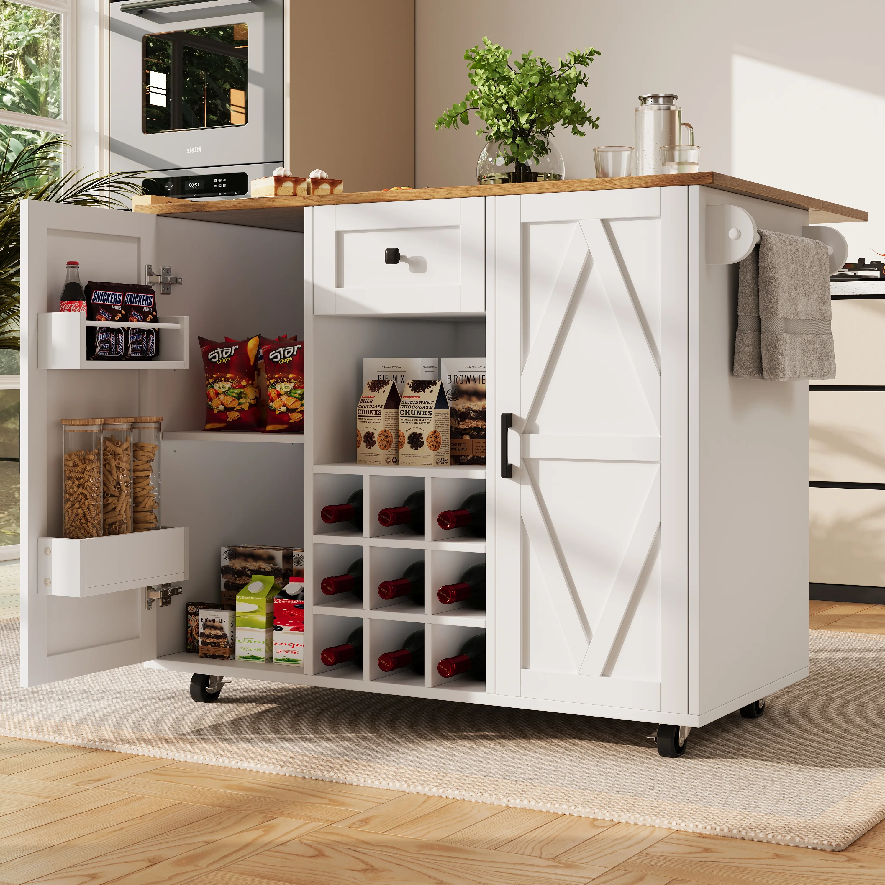 Kitchen Island Dining Cart Extendable Multifunctional Storage - Wood Grain - Image 4