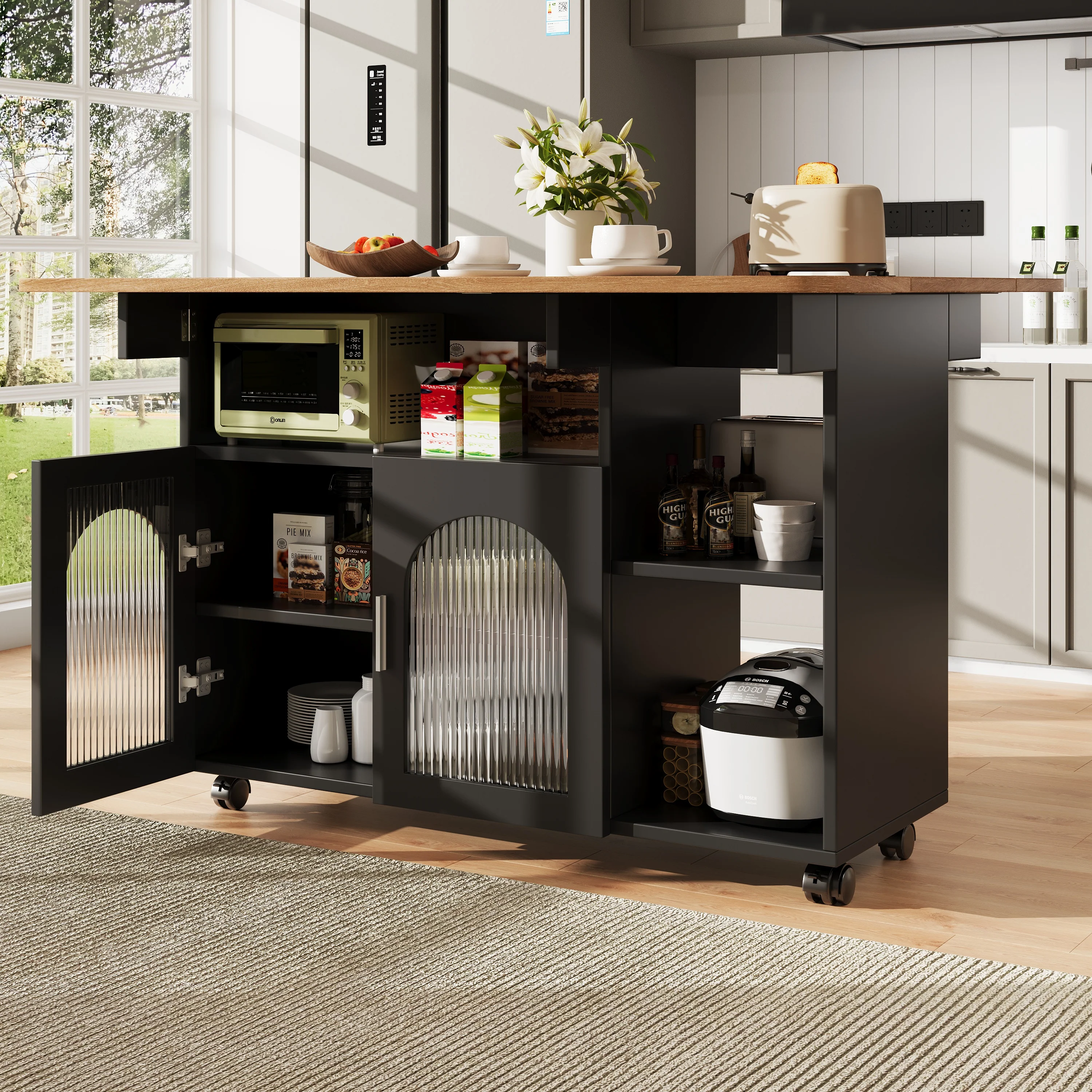 Kitchen Island Dining Cart - Multifunctional Table, Removable Trolley, Storage - Wood Grain Black - Image 2