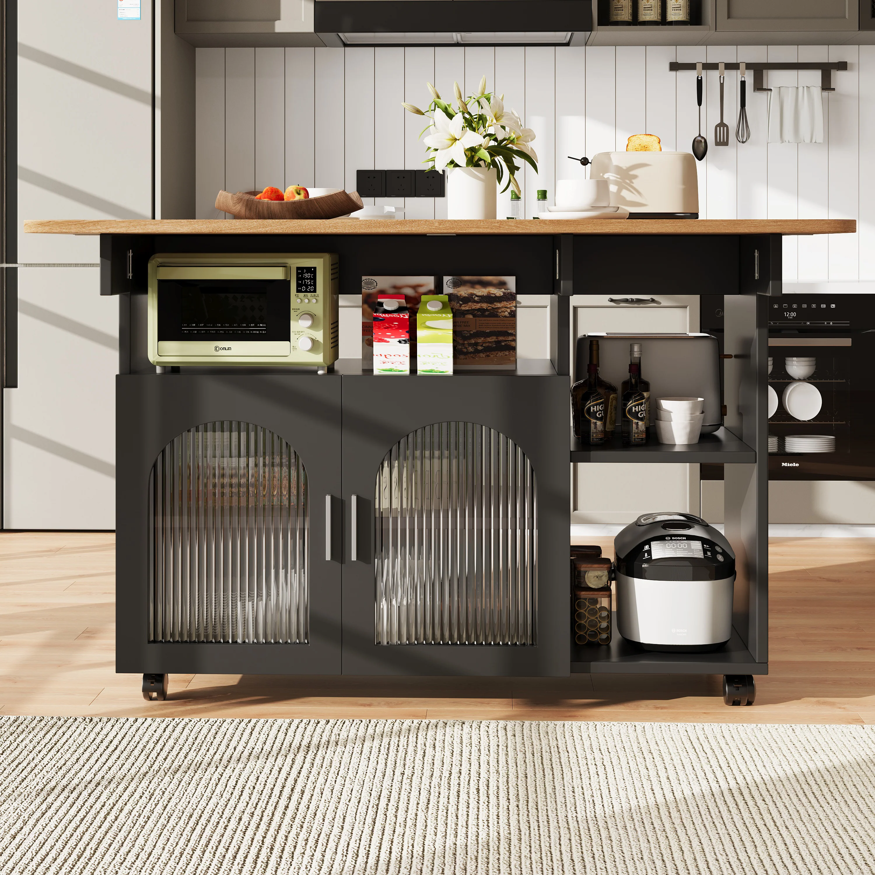 Kitchen Island Dining Cart - Multifunctional Table, Removable Trolley, Storage - Wood Grain Black - Image 3