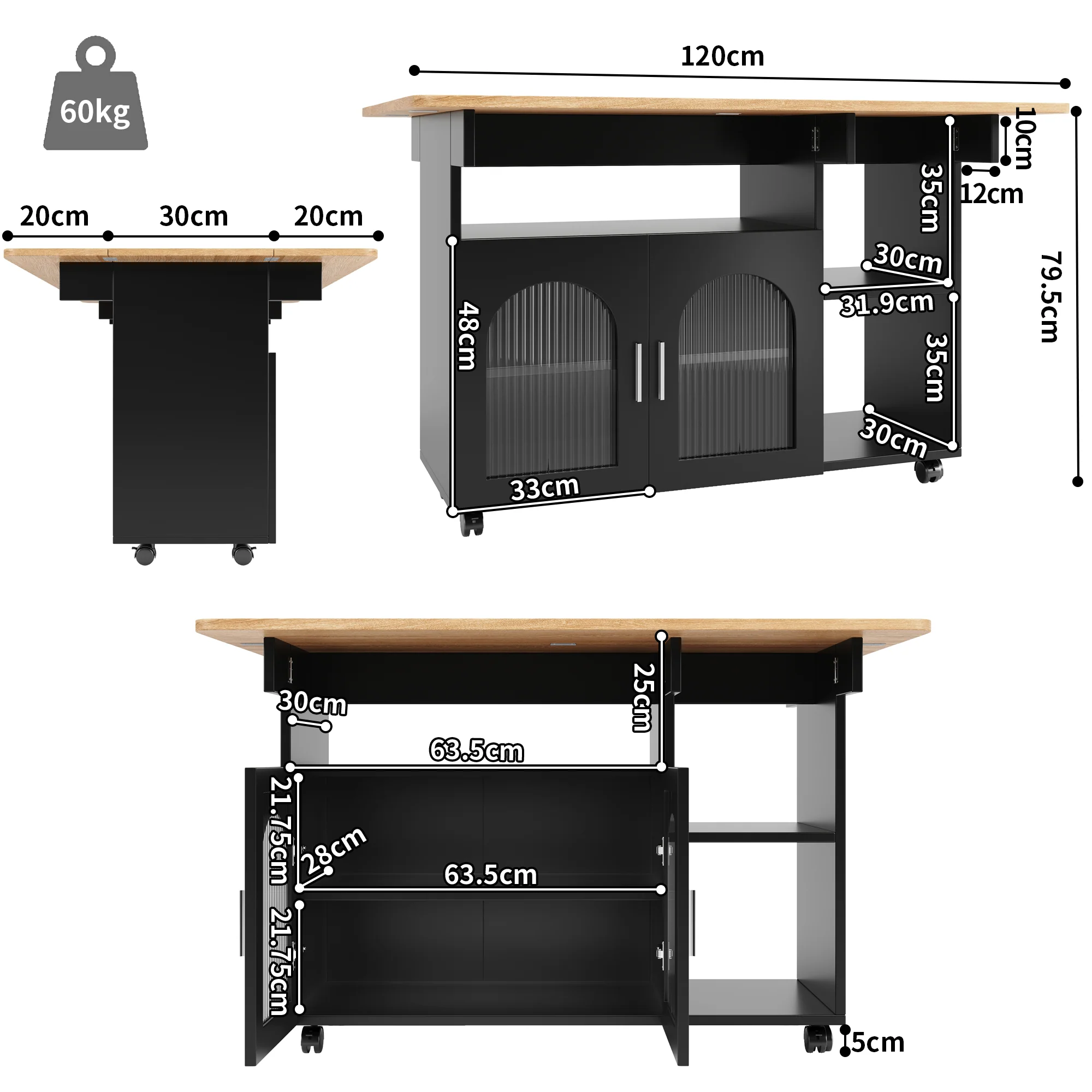 Kitchen Island Dining Cart - Multifunctional Table, Removable Trolley, Storage - Wood Grain Black - Image 4