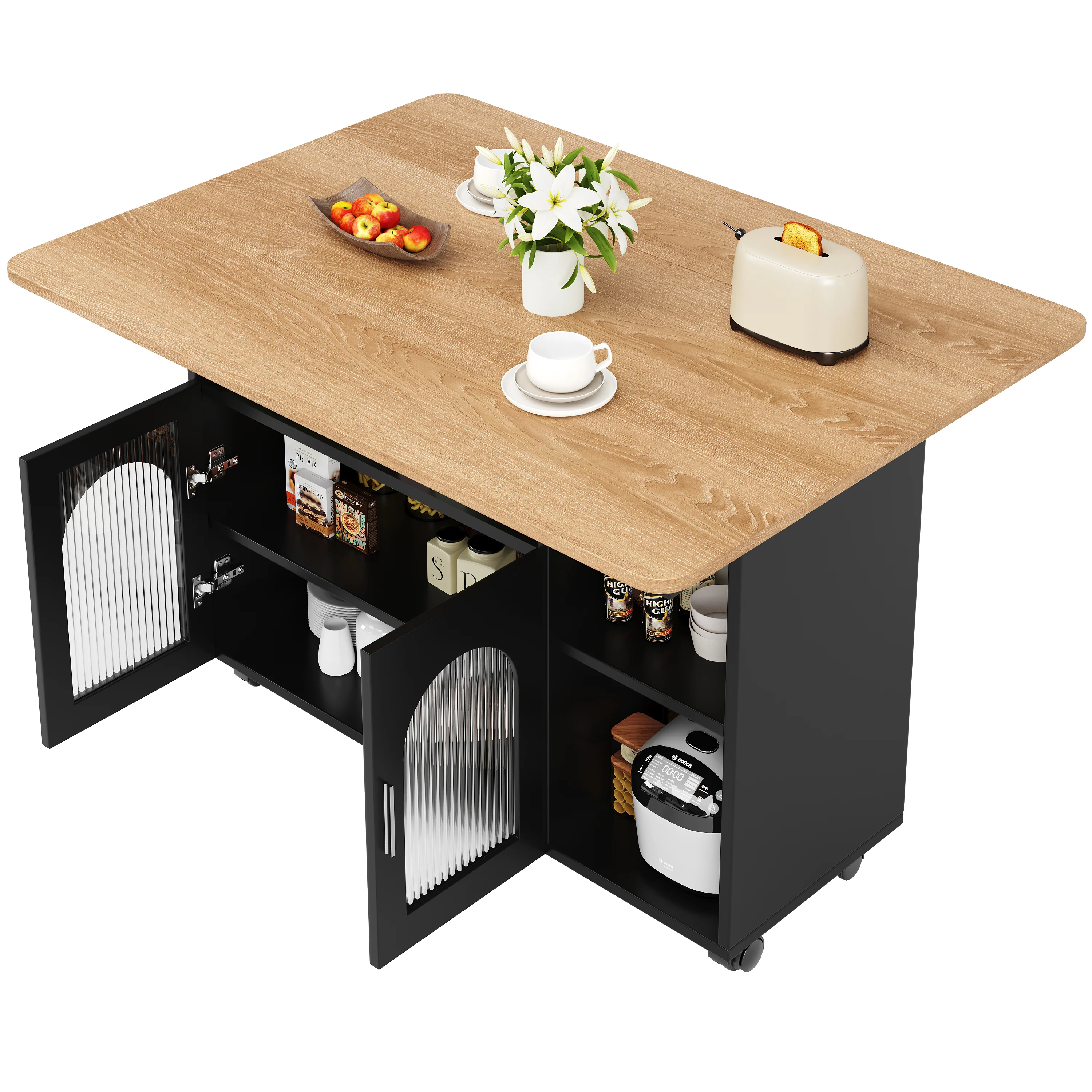 Kitchen Island Dining Cart - Multifunctional Table, Removable Trolley, Storage - Wood Grain Black - Image 5