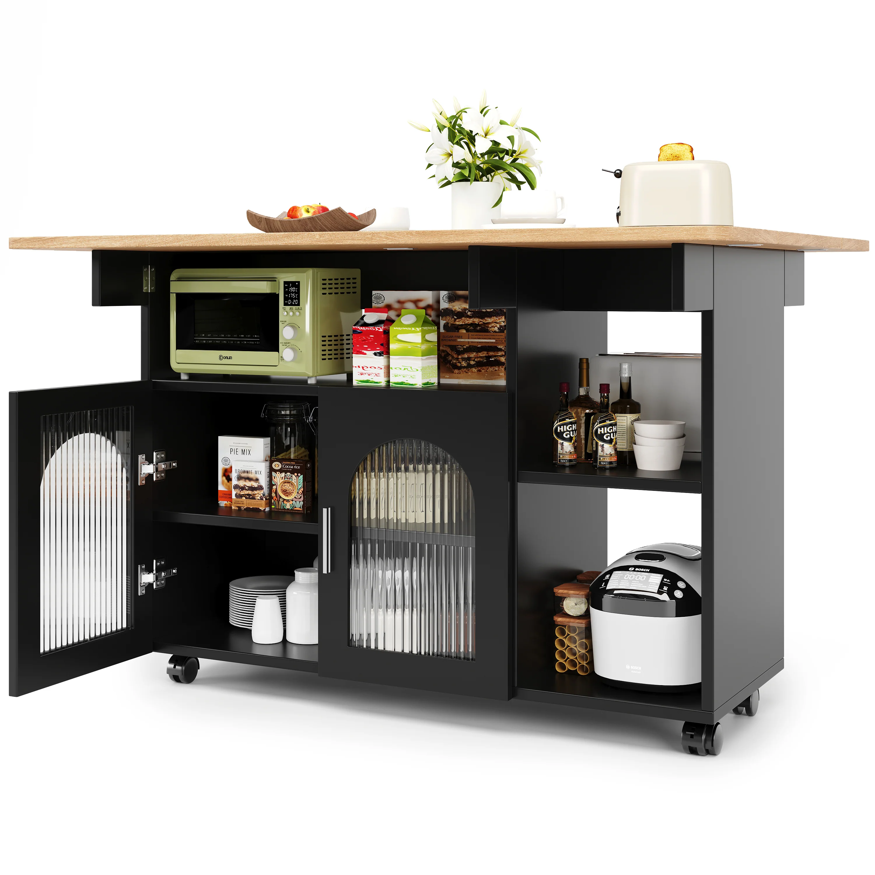 Kitchen Island Dining Cart - Multifunctional Table, Removable Trolley, Storage - Wood Grain Black - Image 6