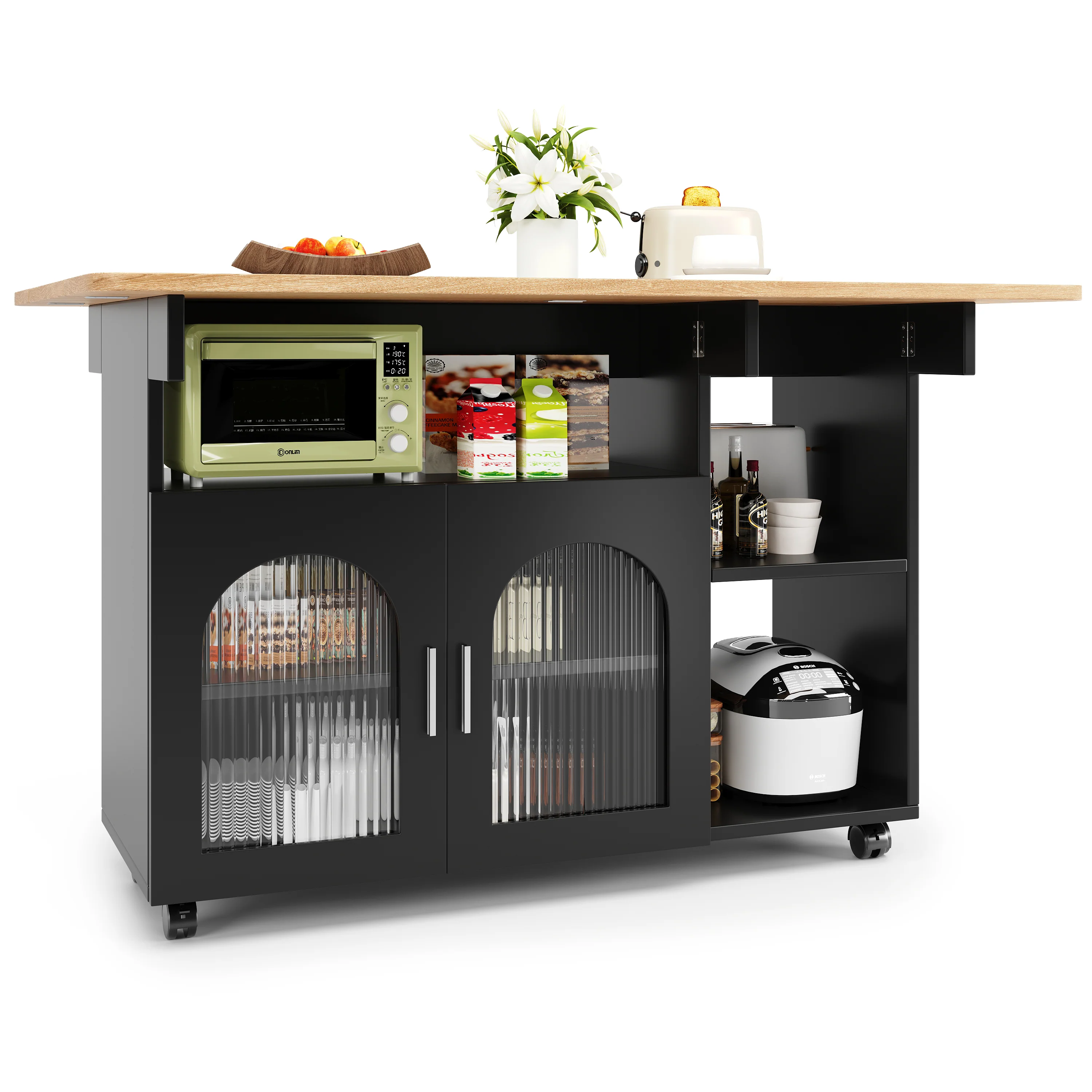 Kitchen Island Dining Cart - Multifunctional Table, Removable Trolley, Storage - Wood Grain Black - Image 7
