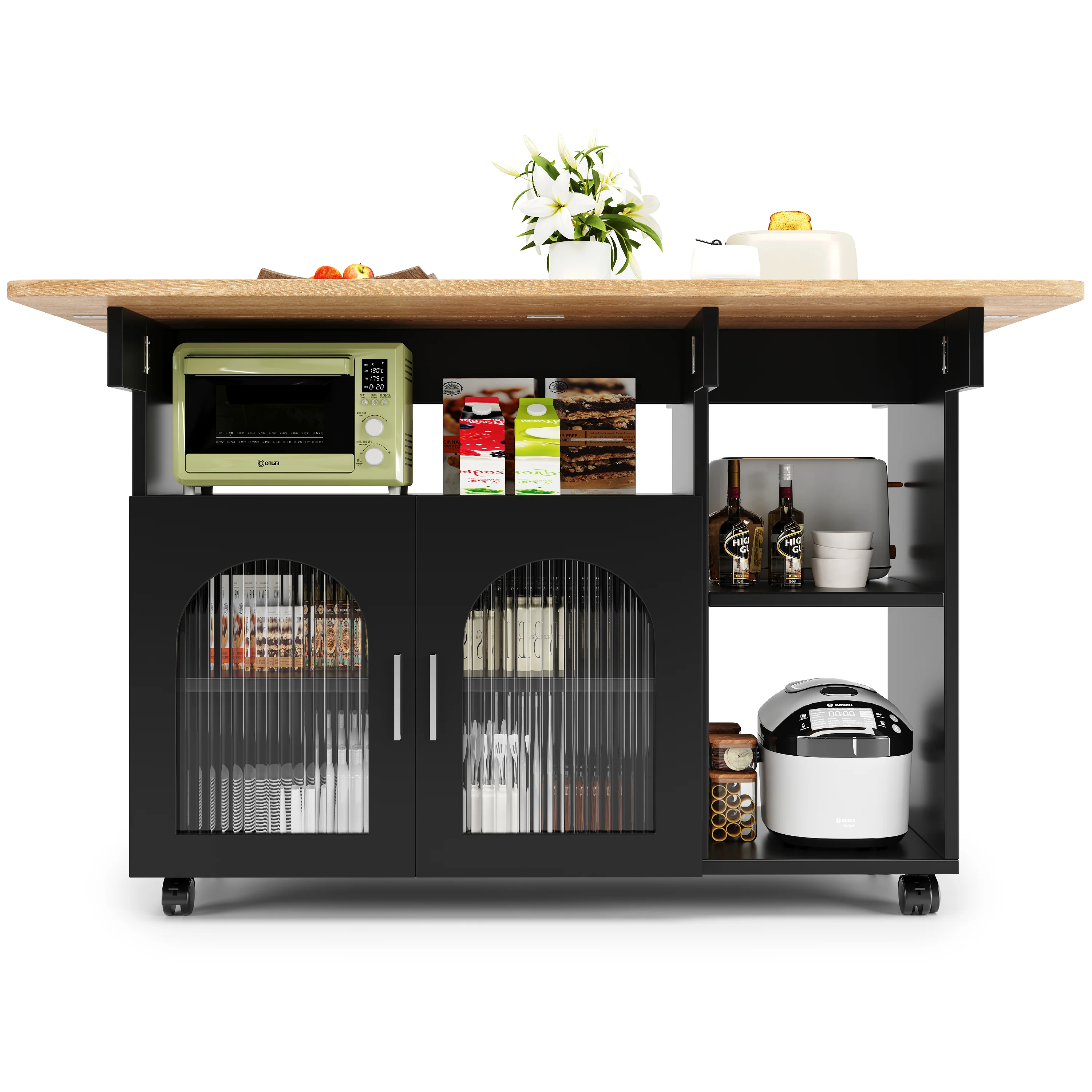 Kitchen Island Dining Cart - Multifunctional Table, Removable Trolley, Storage - Wood Grain Black - Image 8
