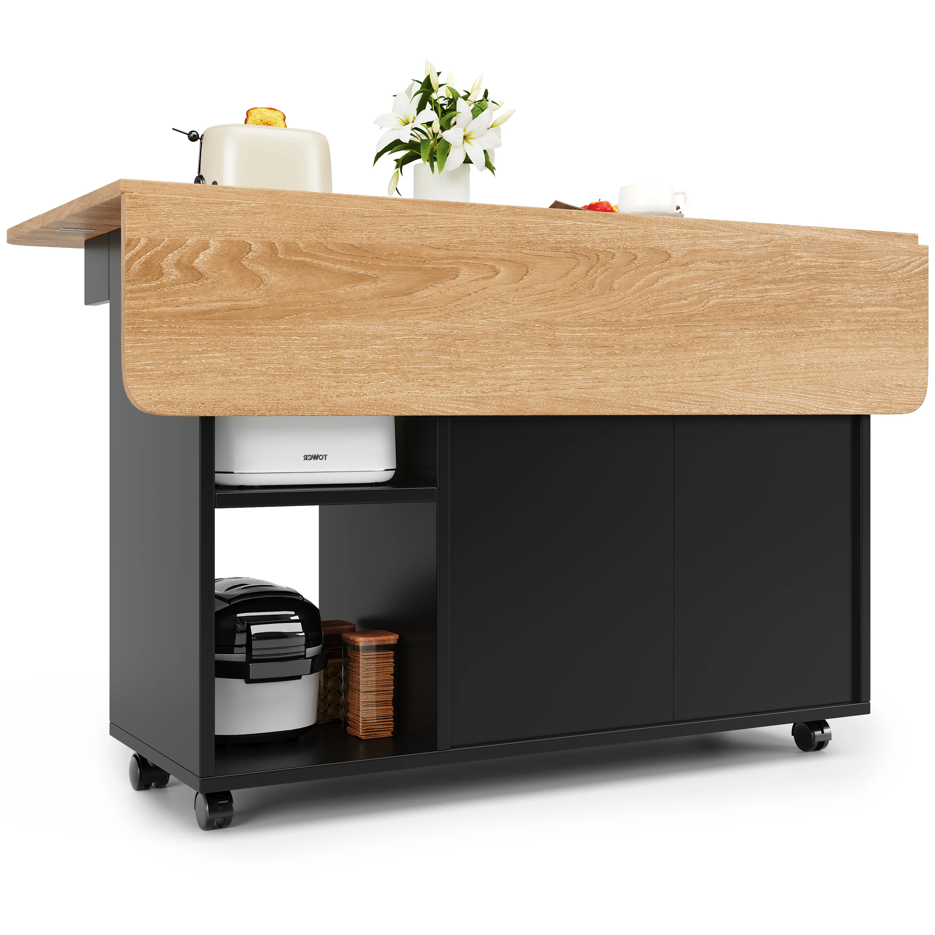 Kitchen Island Dining Cart - Multifunctional Table, Removable Trolley, Storage - Wood Grain Black - Image 9
