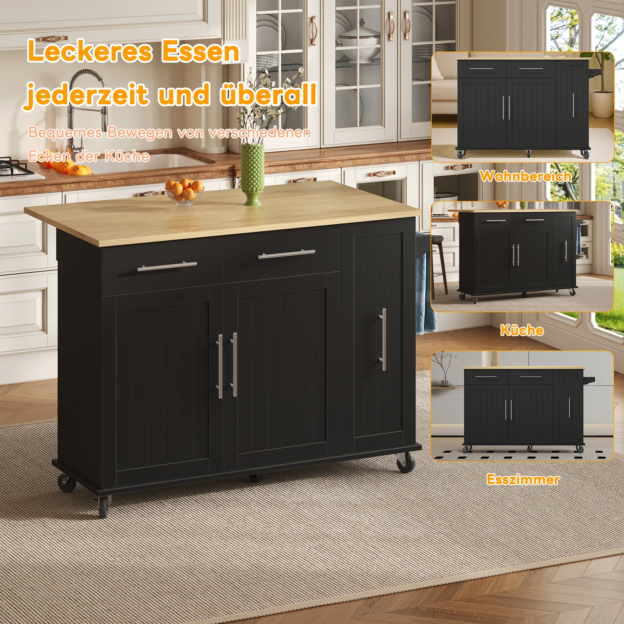 Kitchen Island Drop Leaf Rolling Cart 3-Tier Pull-Out 2 Drawers - Black - Image 3
