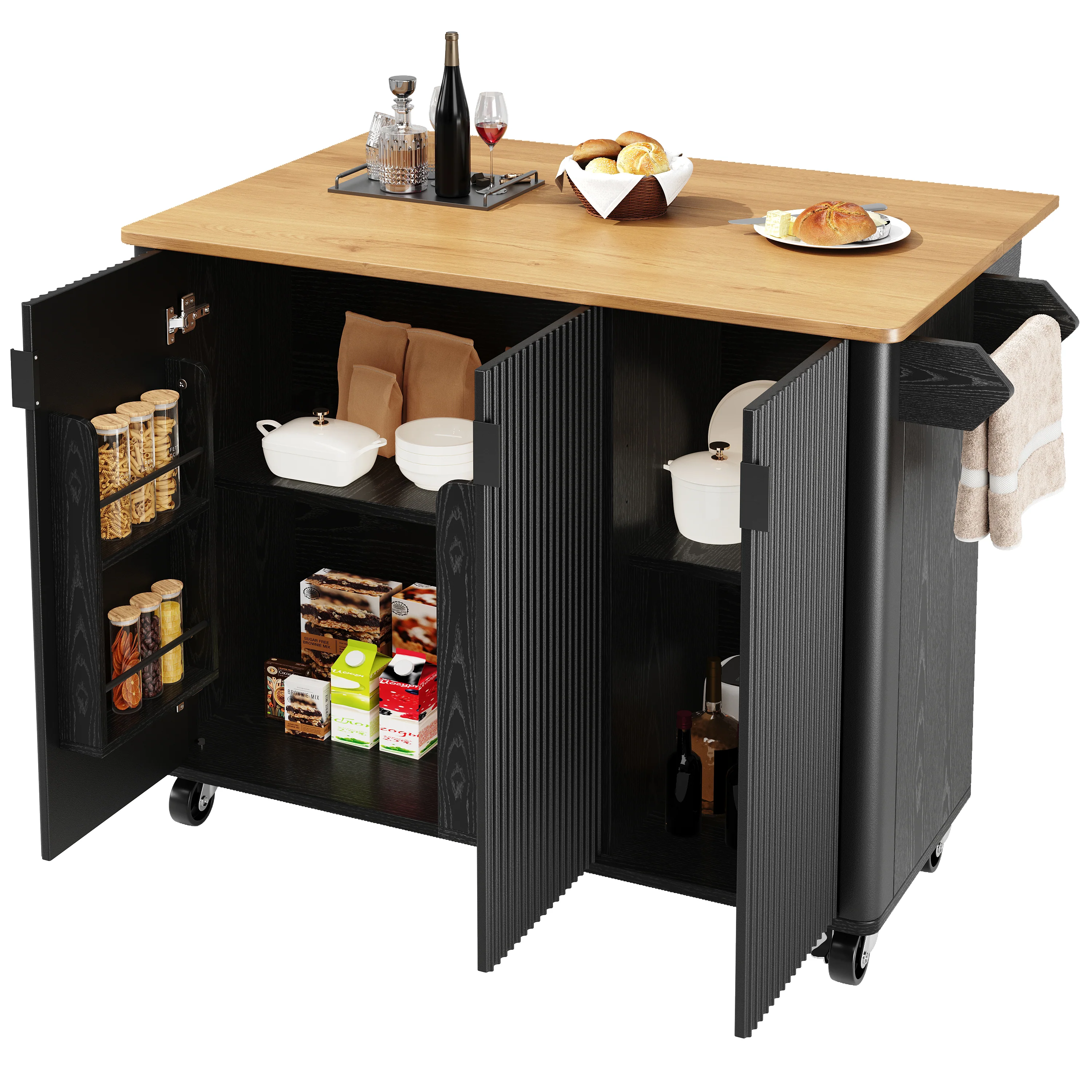 Kitchen Island Extendable 130cm Trolley 3 Doors Spice Rack - White/Black - Image 5