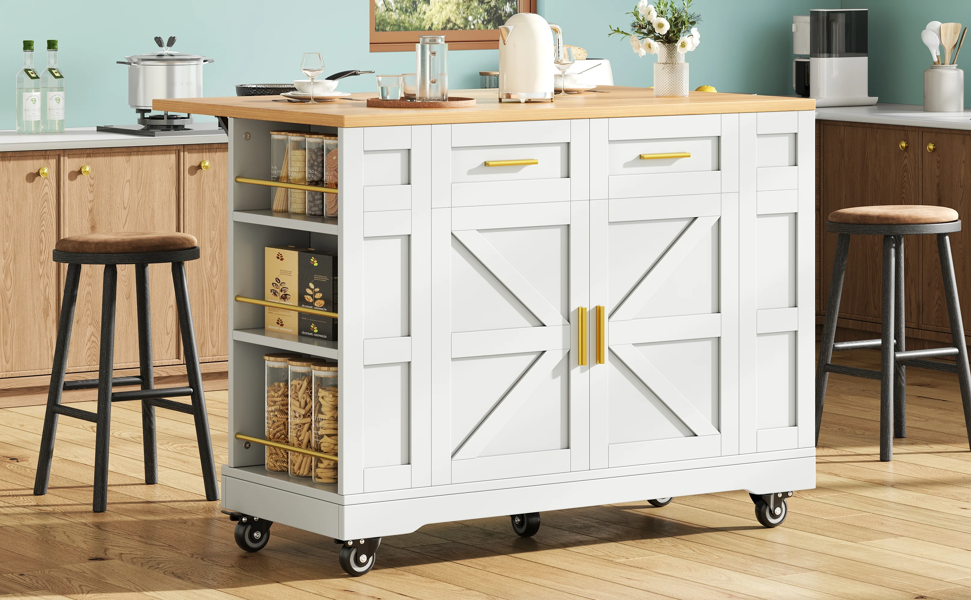 Kitchen Island Extendable Dining Table Storage Wood Grain - White - Image 2