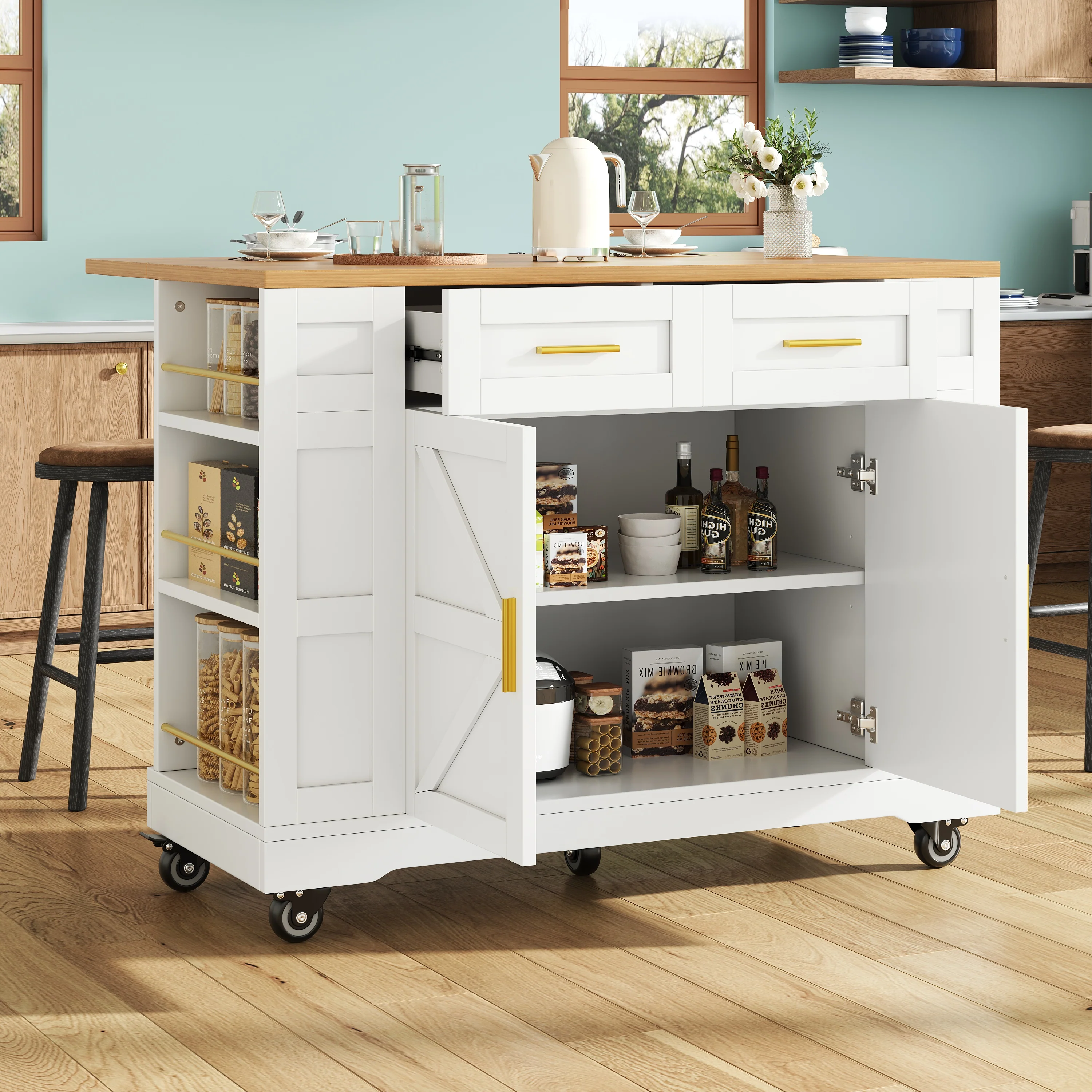 Kitchen Island Extendable Dining Table Storage Wood Grain - White - Image 3