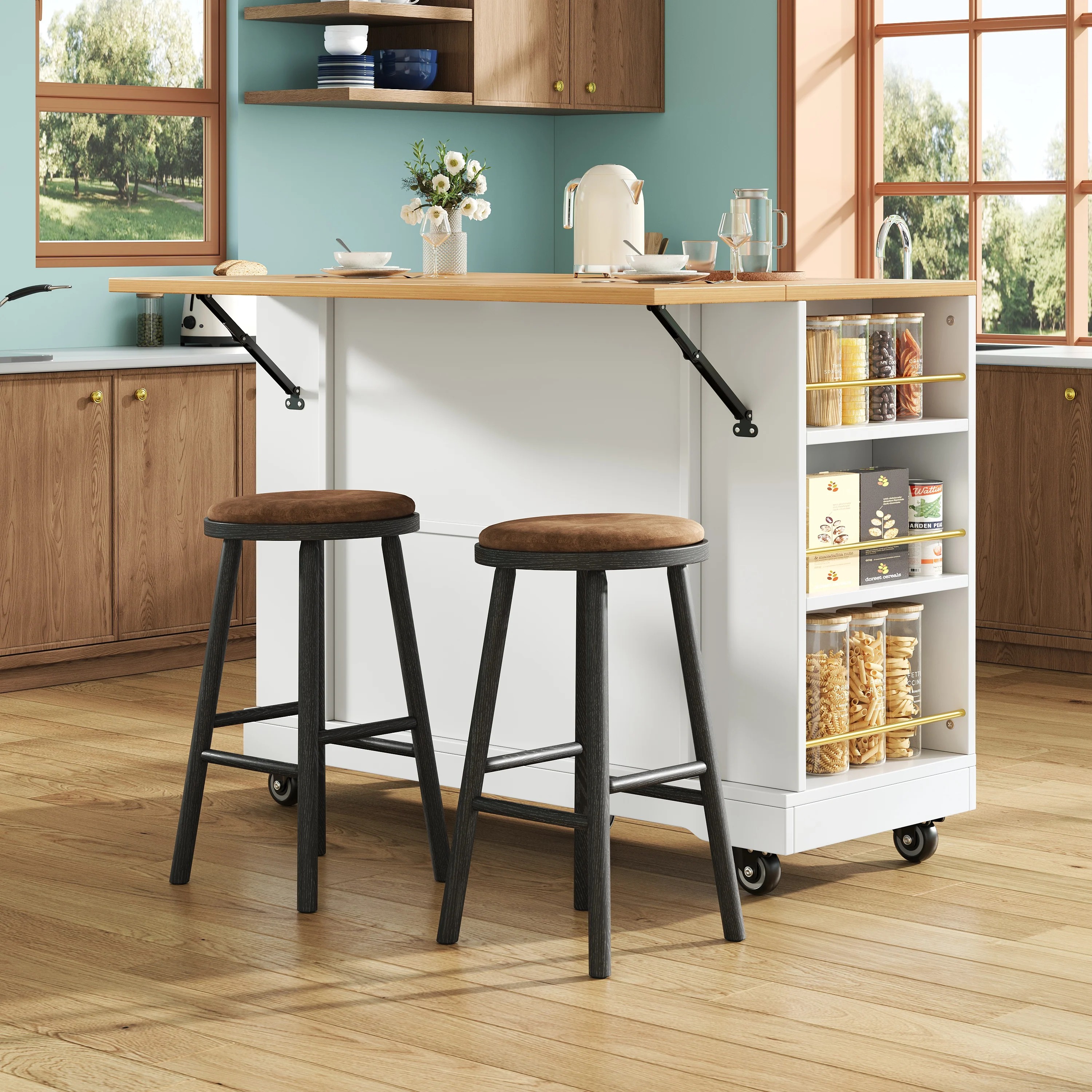 Kitchen Island Extendable Dining Table Storage Wood Grain - White - Image 4