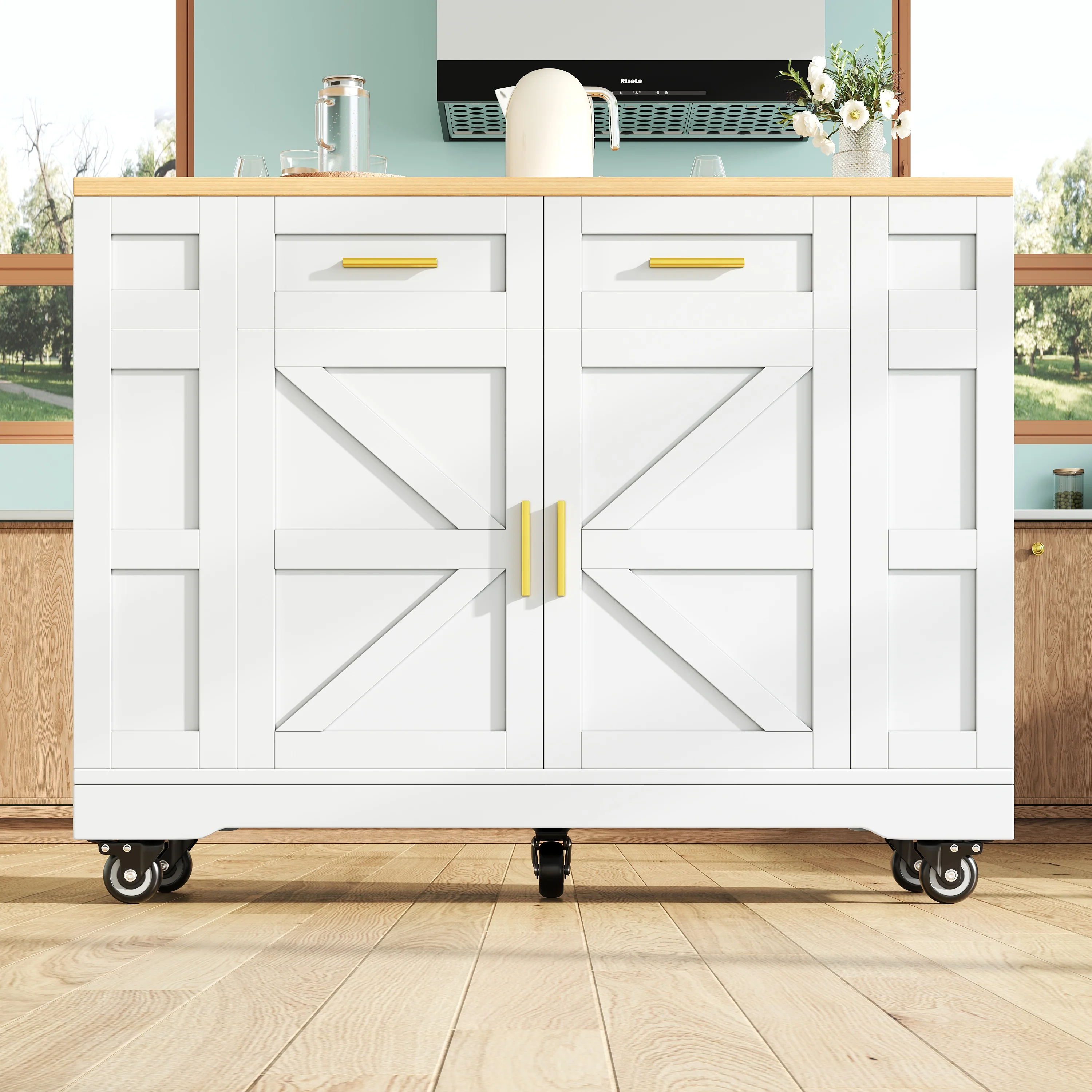 Kitchen Island Extendable Dining Table Storage Wood Grain - White - Image 5