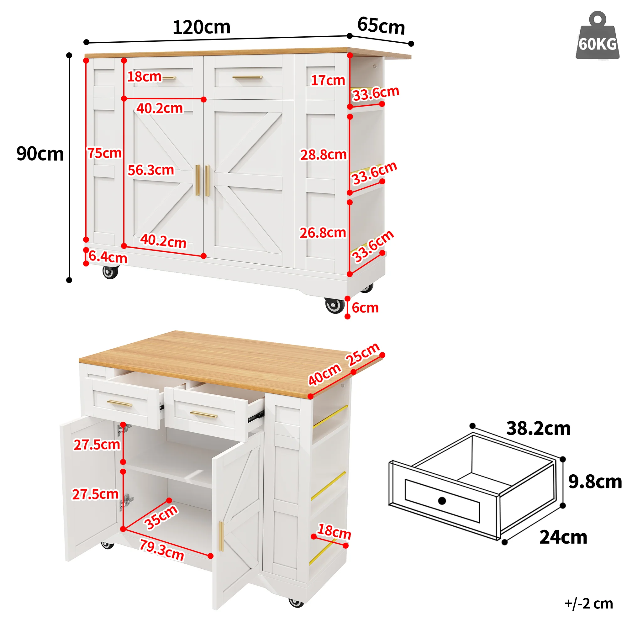 Kitchen Island Extendable Dining Table Storage Wood Grain - White - Image 6