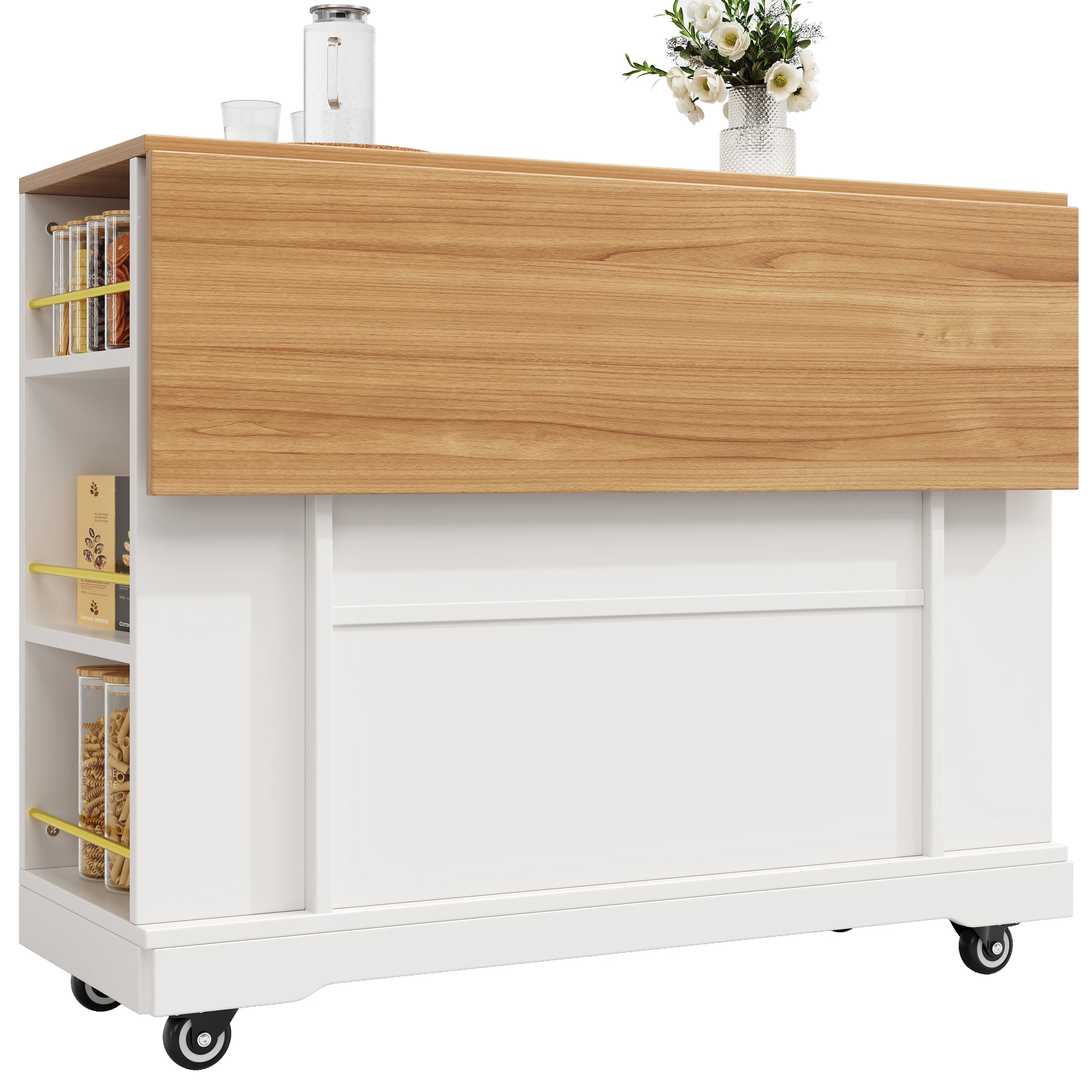 Kitchen Island Extendable Dining Table Storage Wood Grain - White - Image 7