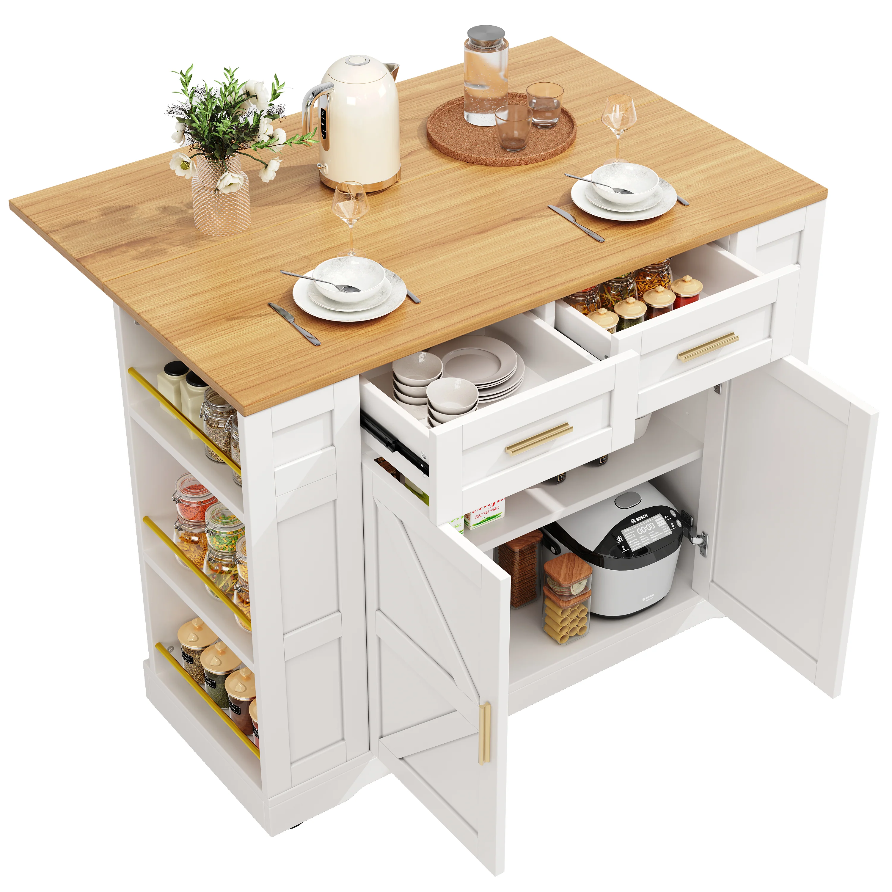 Kitchen Island Extendable Dining Table Storage Wood Grain - White - Image 8