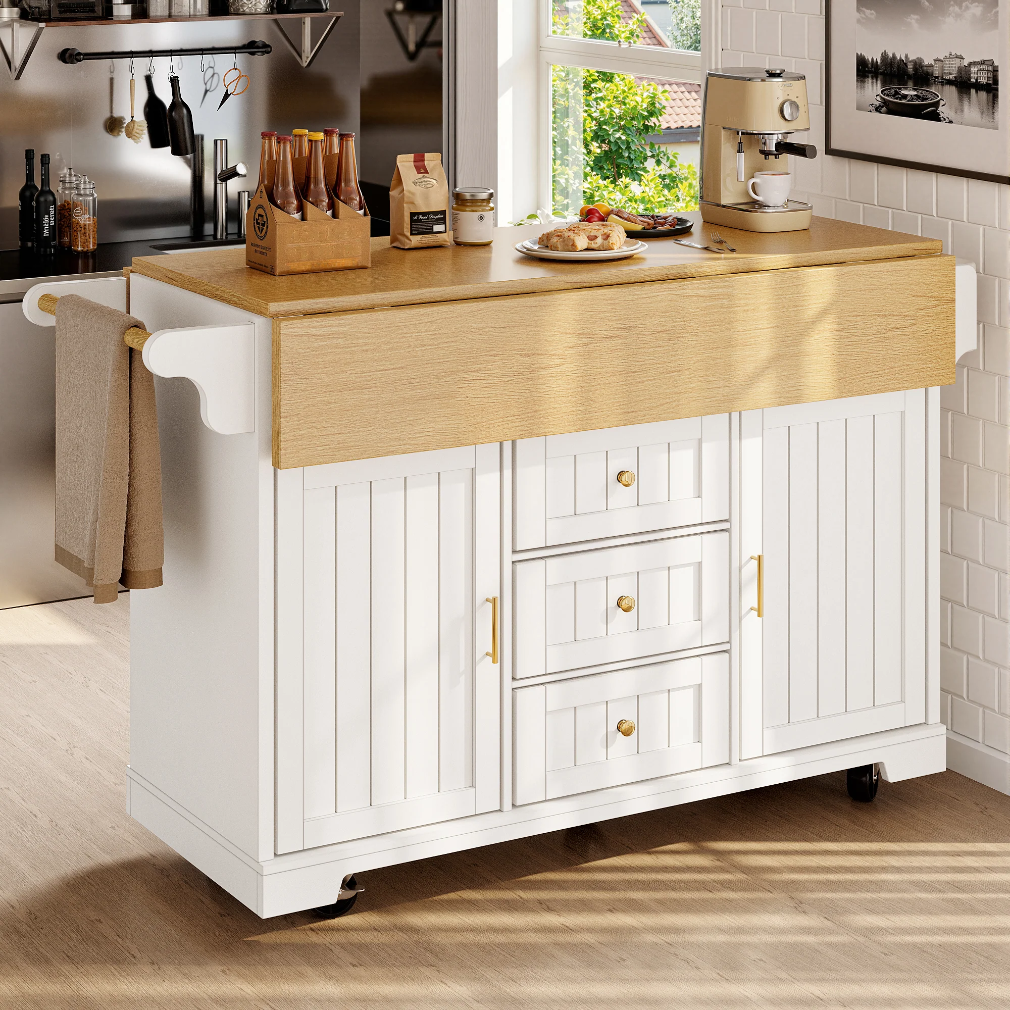 Kitchen Island Extendable Mobile 2 Doors 3 Drawers Spice Rack - Black/White - Image 2