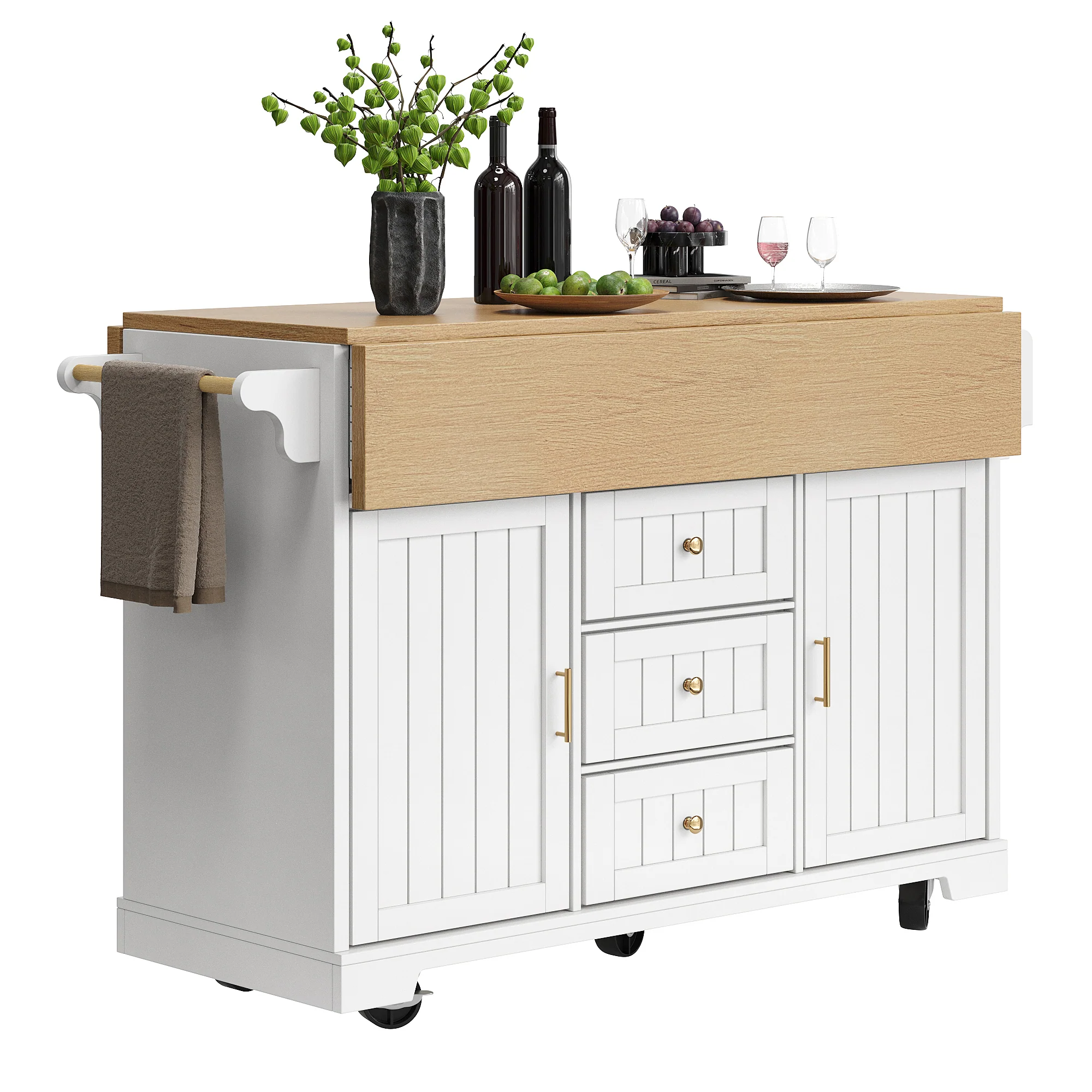 Kitchen Island Extendable Mobile 2 Doors 3 Drawers Spice Rack - Black/White - Image 6