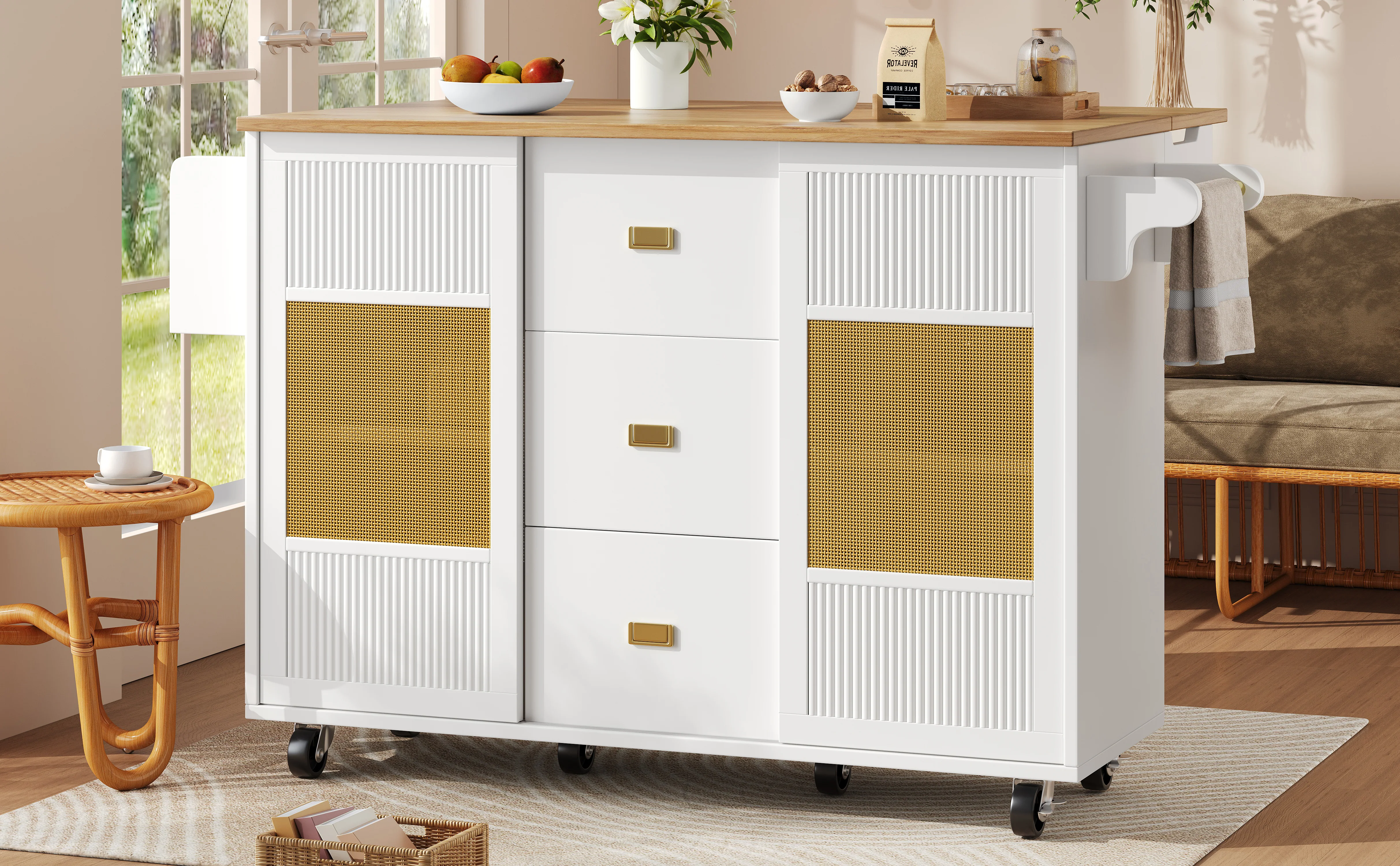 Kitchen Island Extendable with Wheels, Adjustable Shelves & Storage - White - Image 2