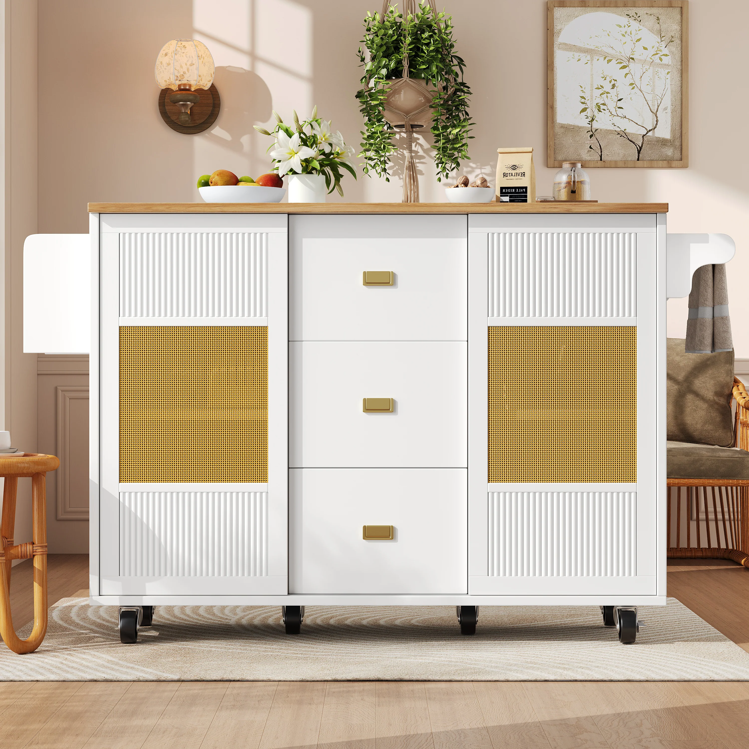 Kitchen Island Extendable with Wheels, Adjustable Shelves & Storage - White - Image 3