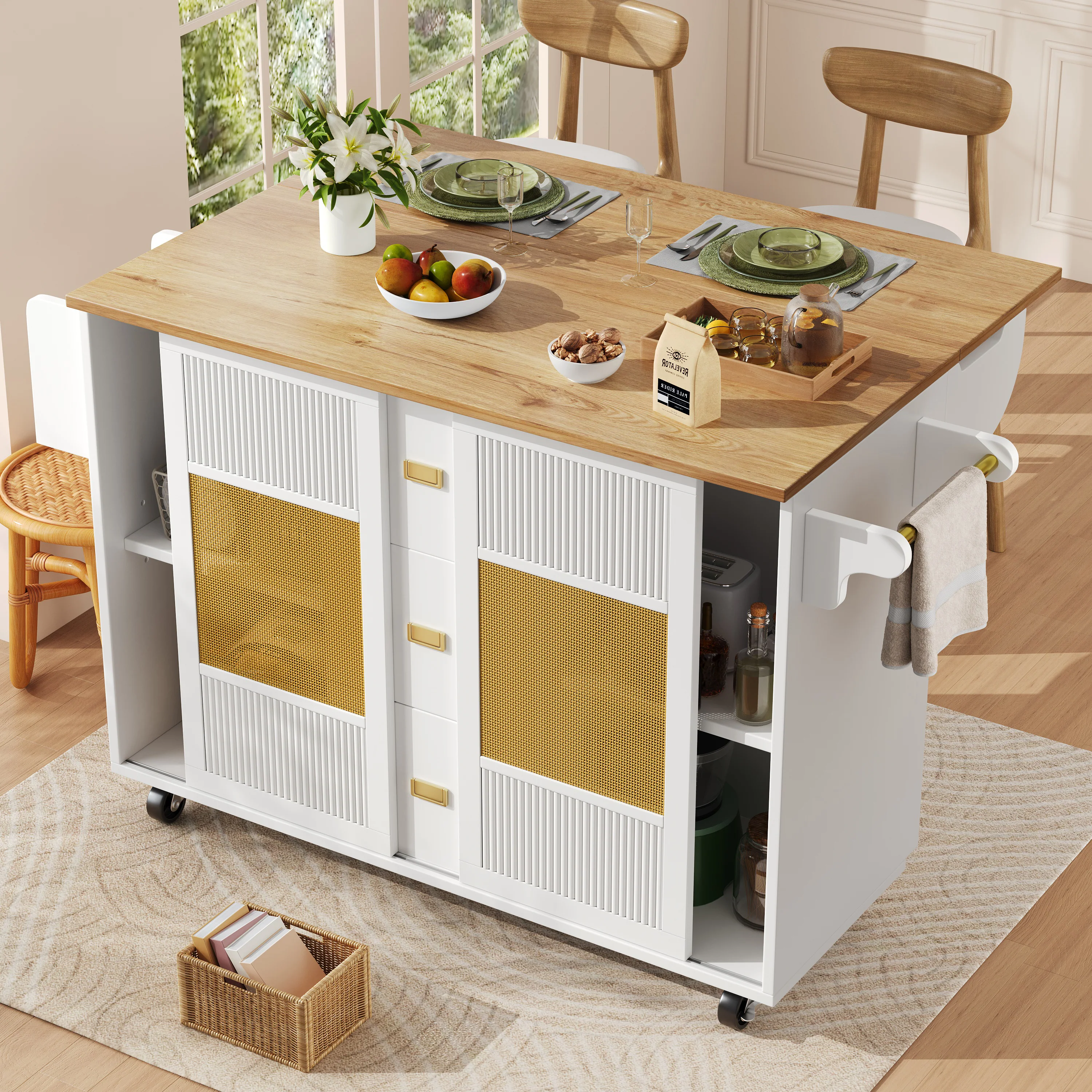 Kitchen Island Extendable with Wheels, Adjustable Shelves & Storage - White - Image 4