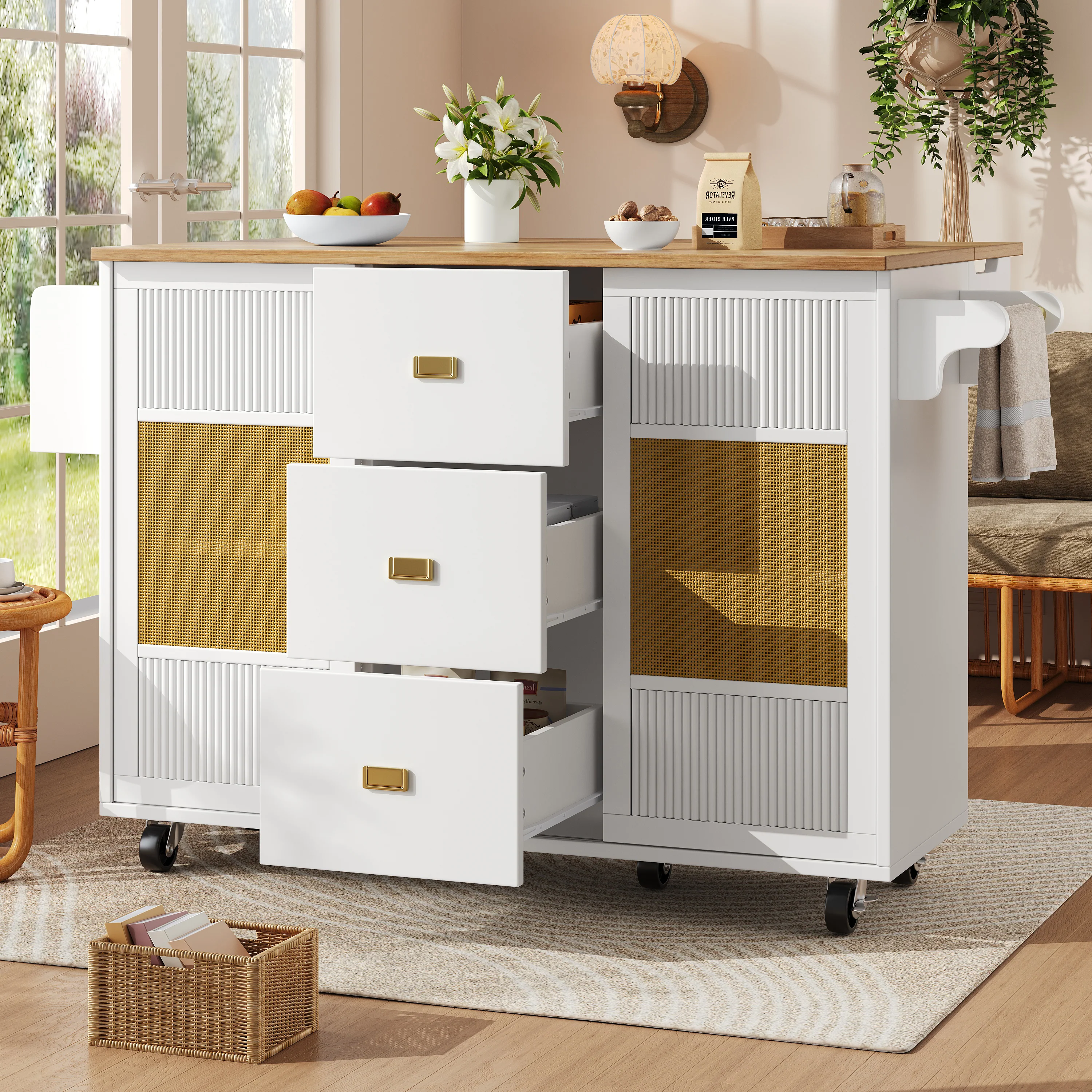 Kitchen Island Extendable with Wheels, Adjustable Shelves & Storage - White - Image 5