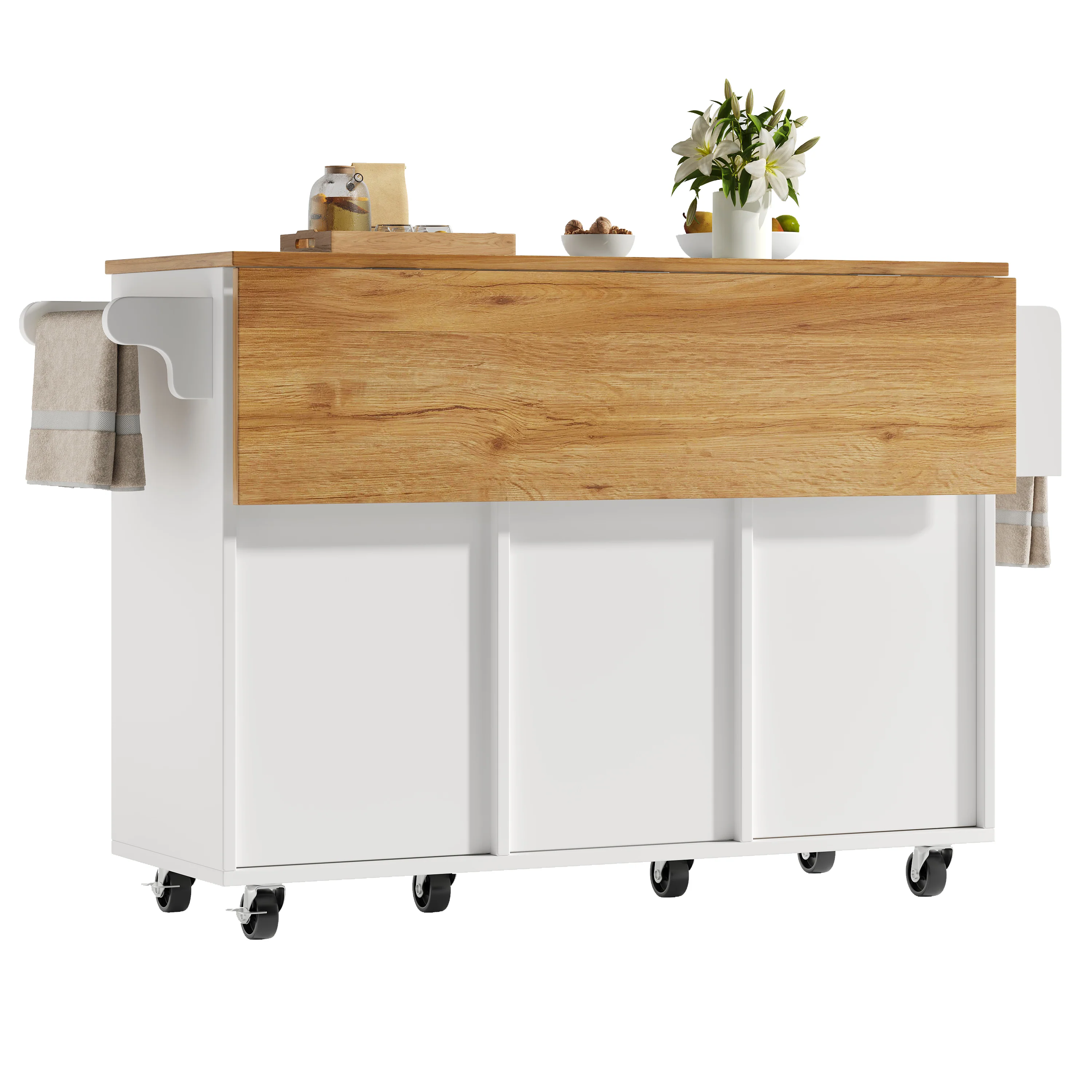 Kitchen Island Extendable with Wheels, Adjustable Shelves & Storage - White - Image 7