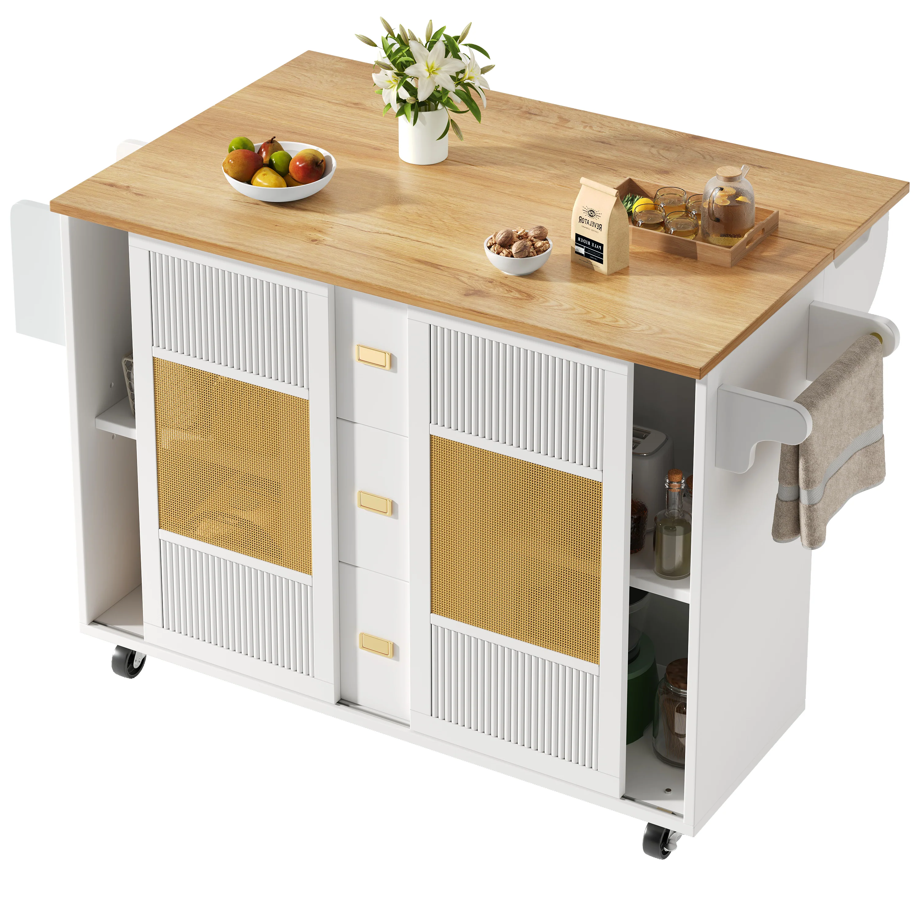 Kitchen Island Extendable with Wheels, Adjustable Shelves & Storage - White - Image 8