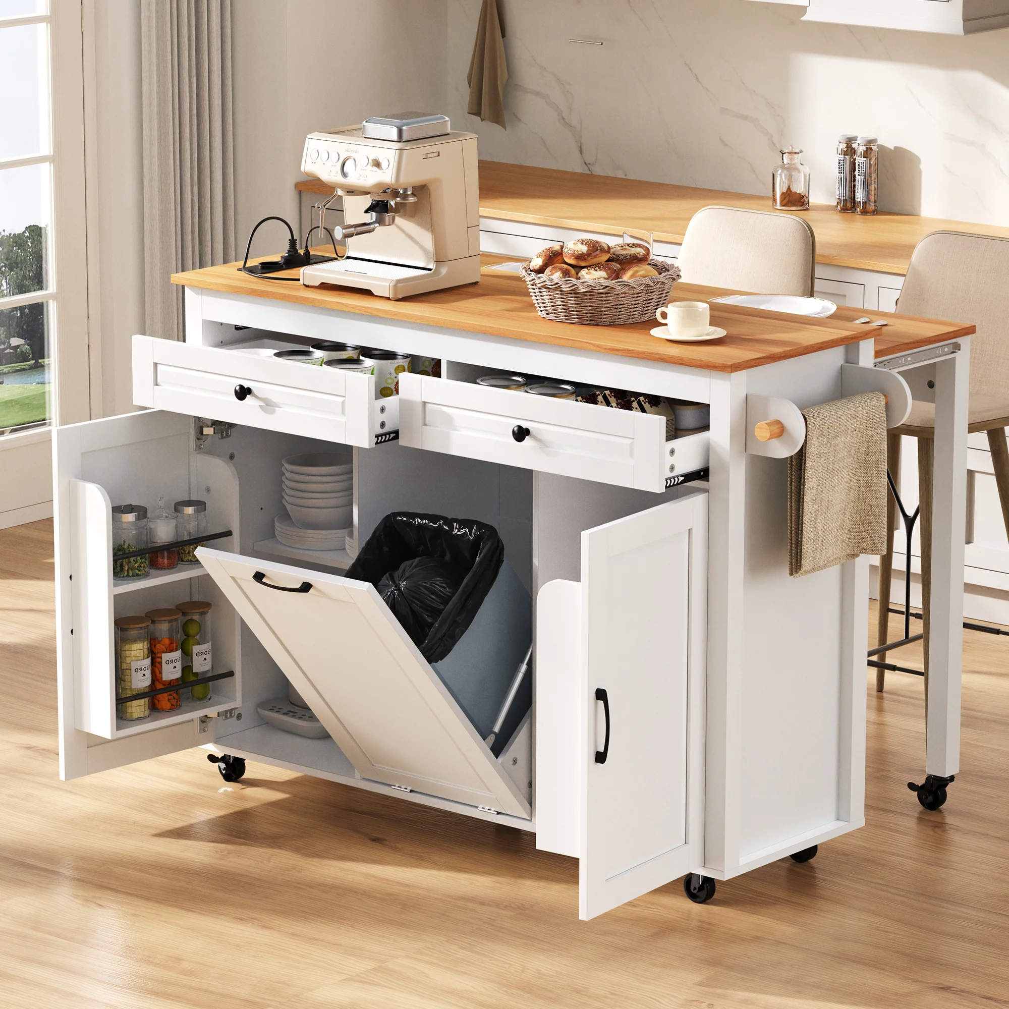 Kitchen Island Extendable Worktop Power Strips Waste Bin - White