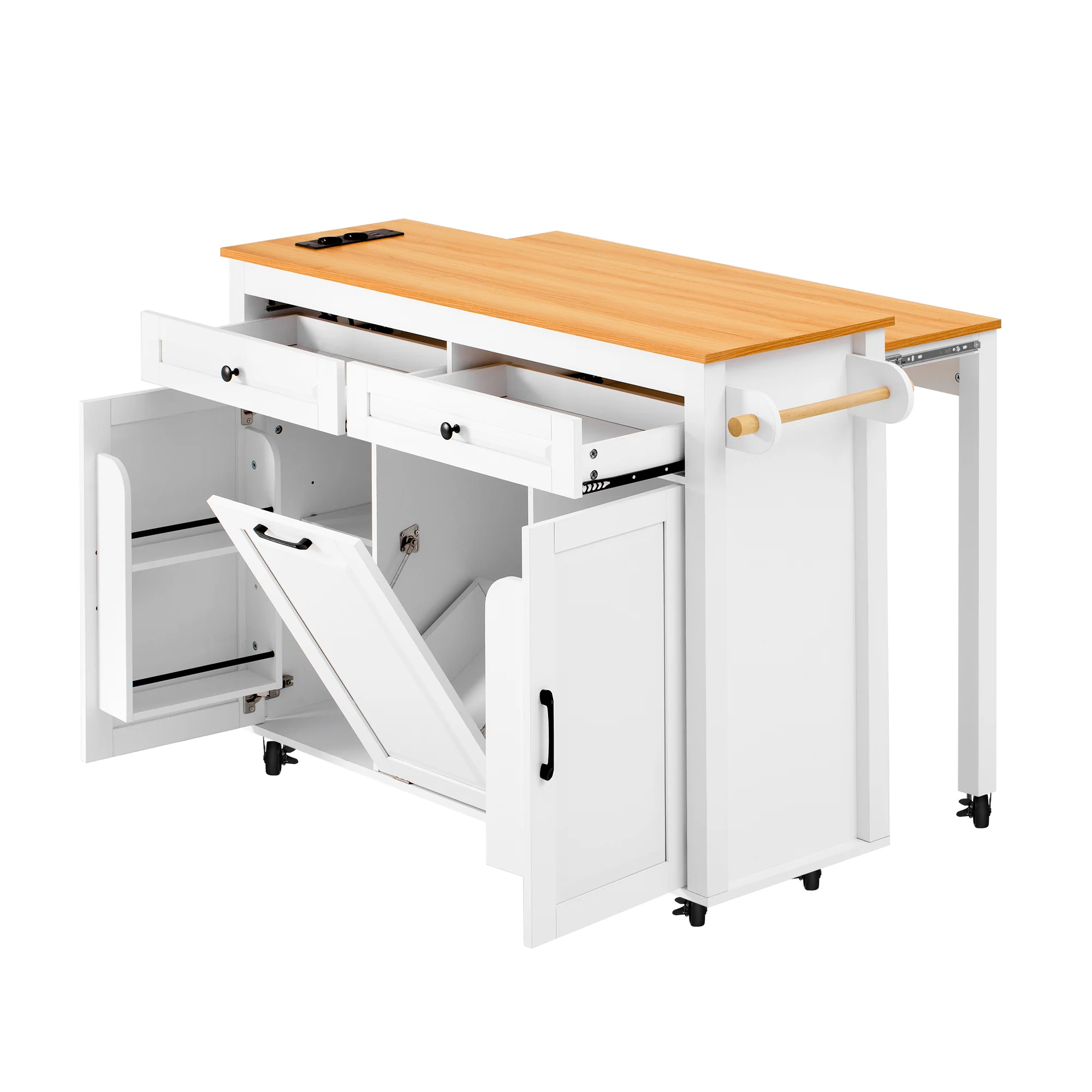 Kitchen Island Extendable Worktop Power Strips Waste Bin - White - Image 10