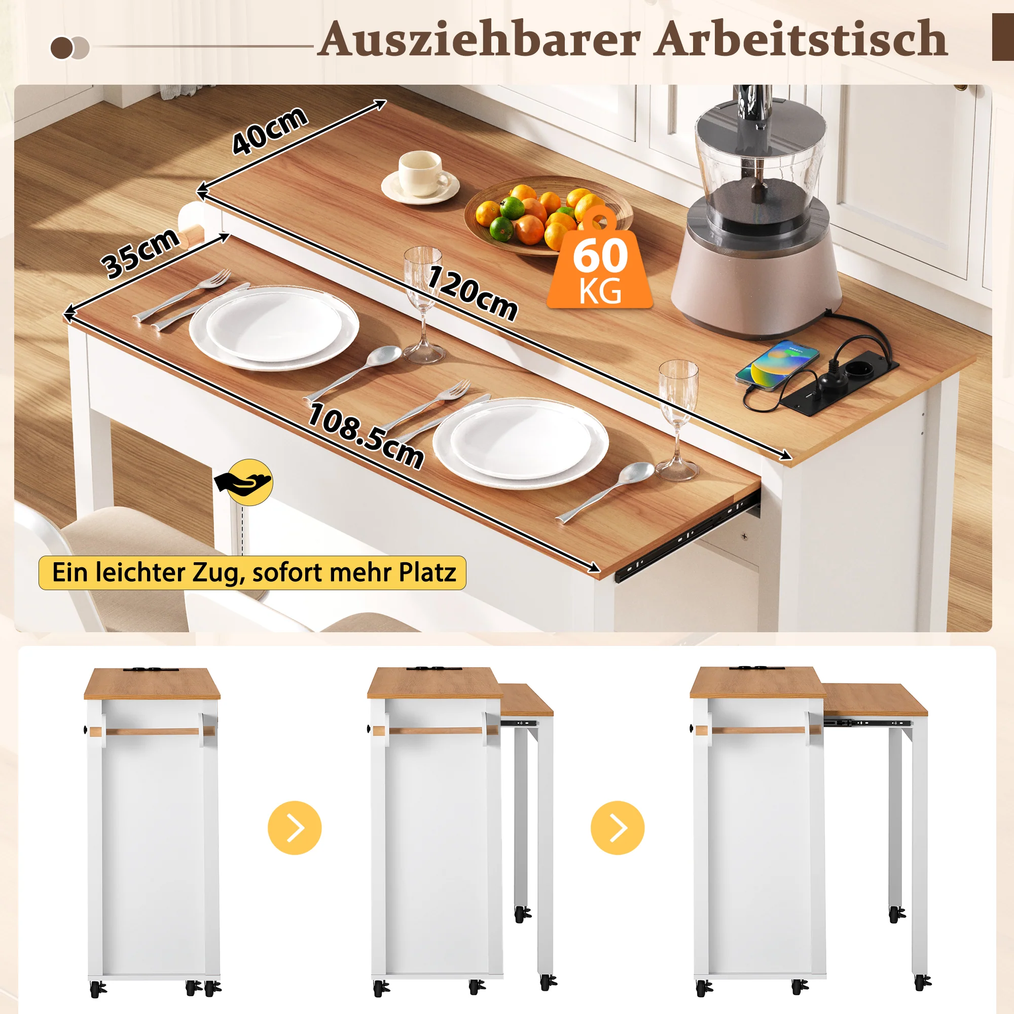 Kitchen Island Extendable Worktop Power Strips Waste Bin - White - Image 7
