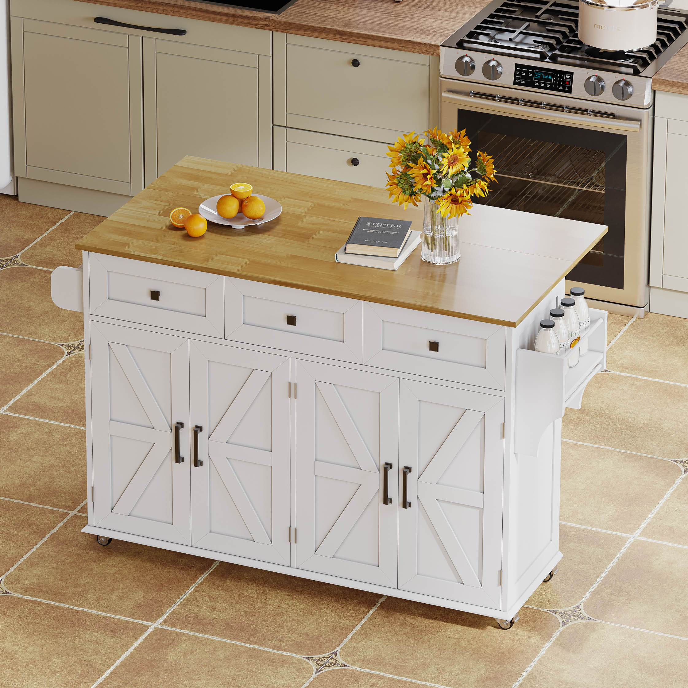 Kitchen Island Fold-Down Worktop 4 Doors 3 Drawers Barn Style with Casters - White - Image 5