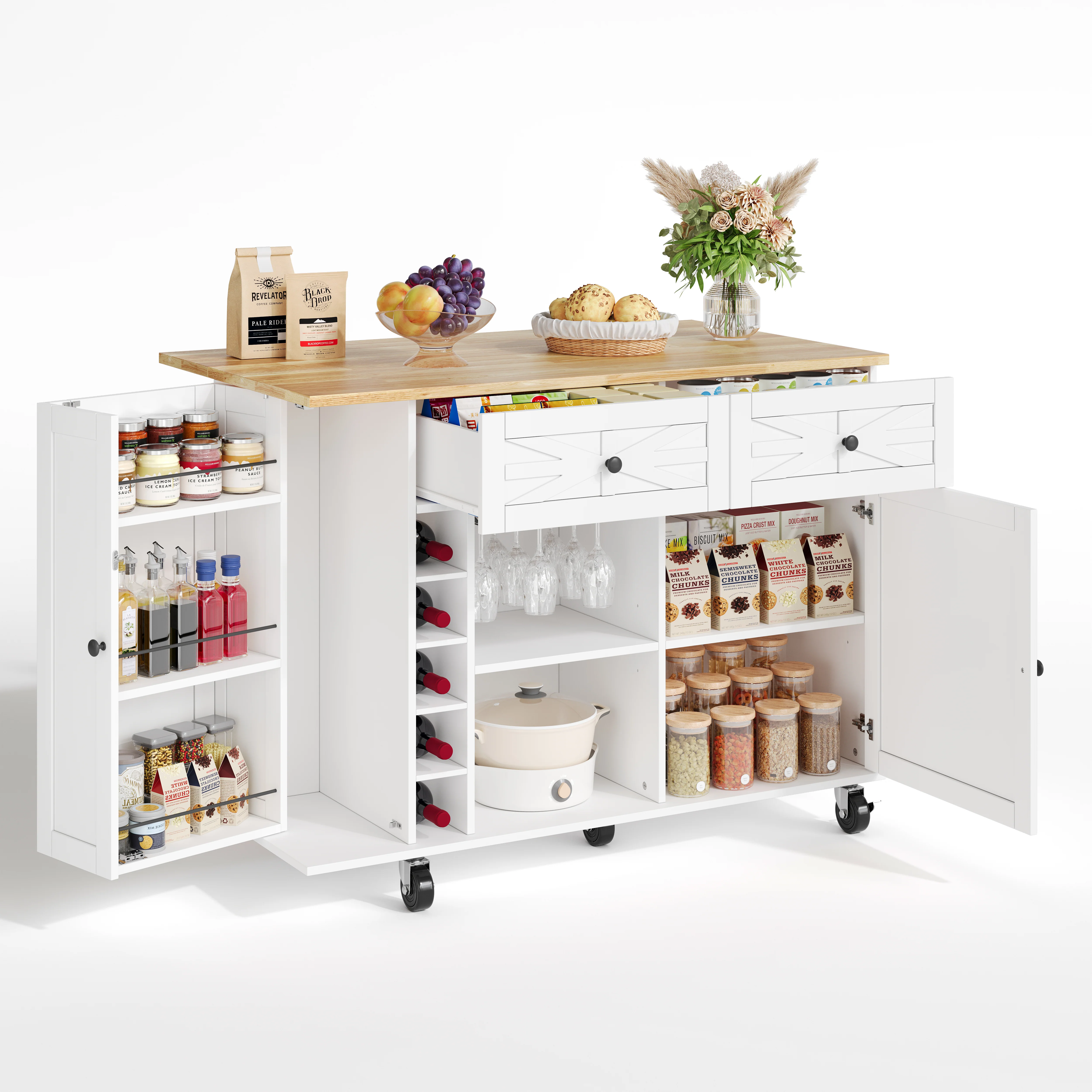 Kitchen Island Fold-Down Worktop Wine Rack Glass Holder 5 Casters - White - Image 10