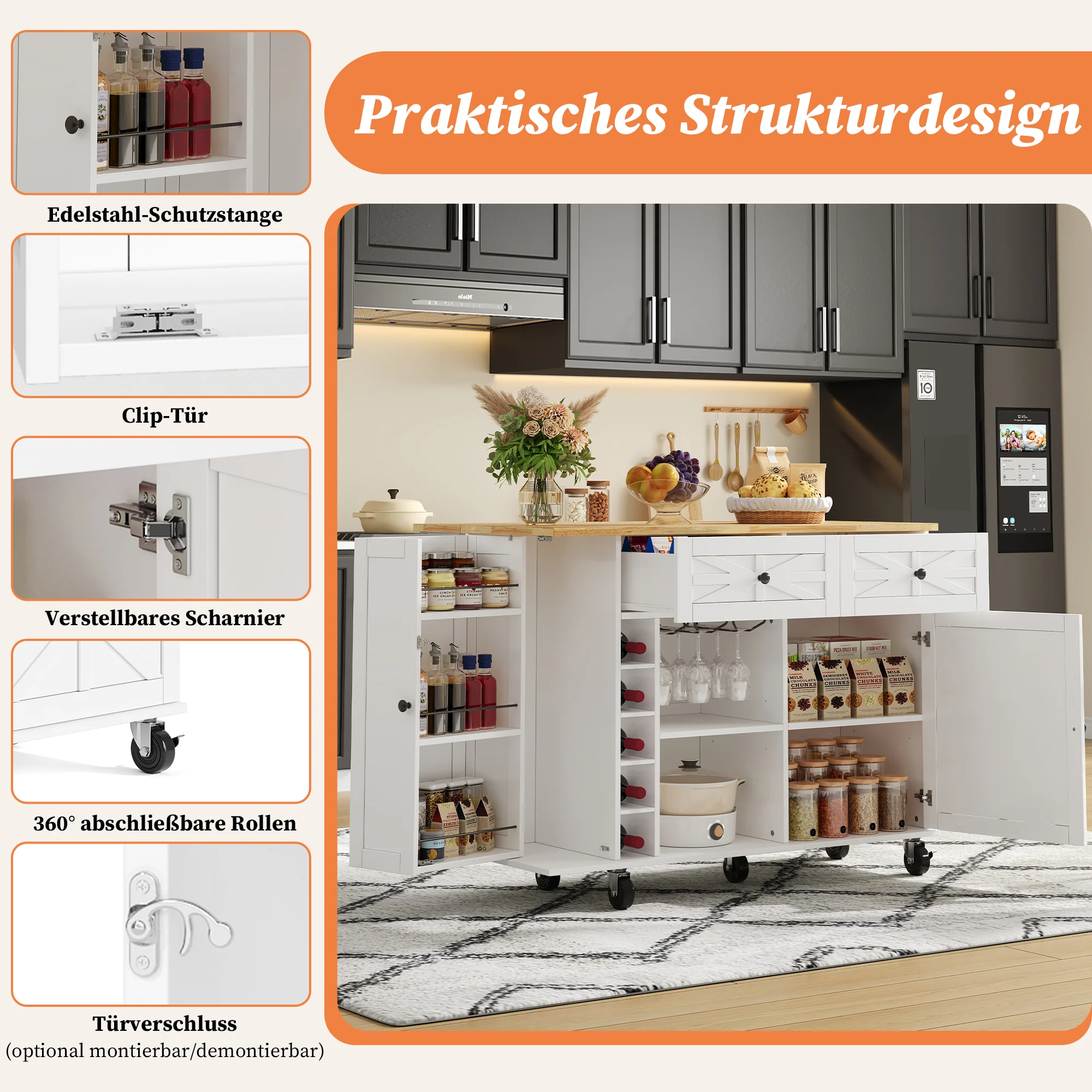Kitchen Island Fold-Down Worktop Wine Rack Glass Holder 5 Casters - White - Image 6