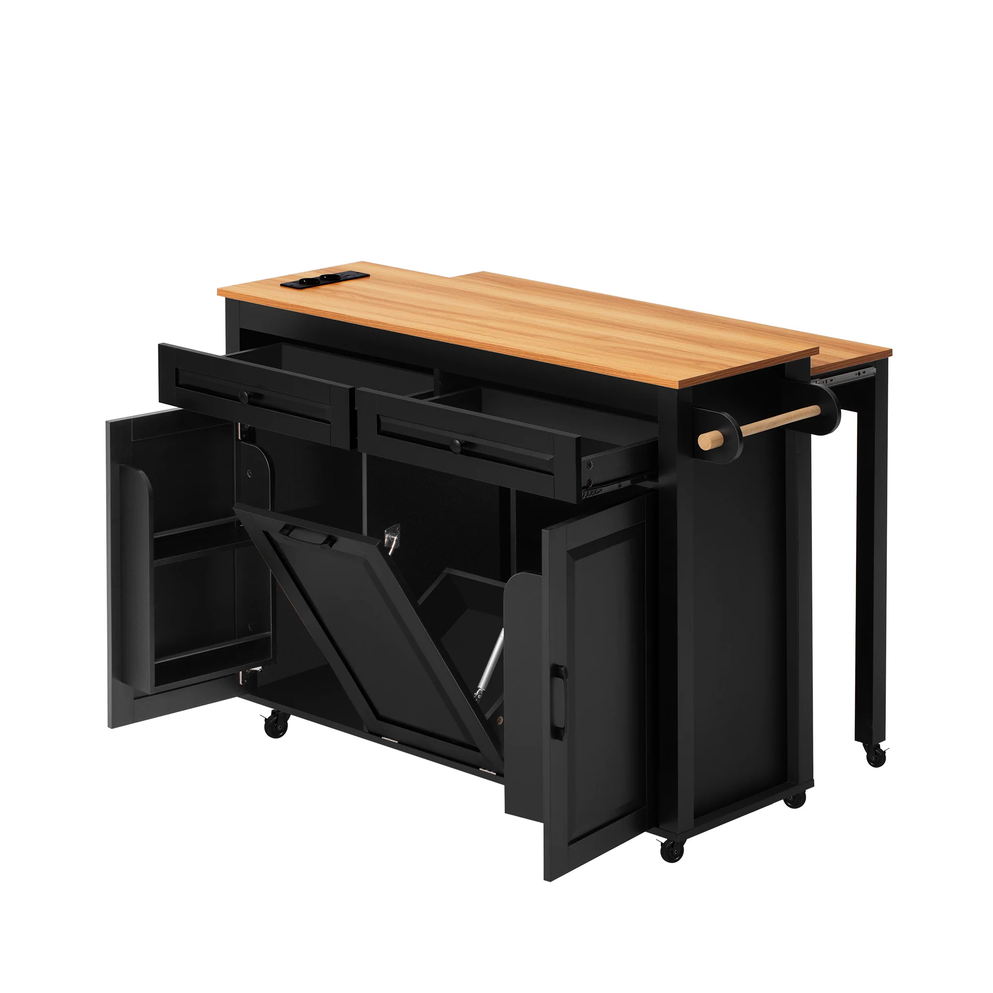 Kitchen Island Mobile Extendable Dining Worktop Waste Bin Power Strips - Black - Image 10