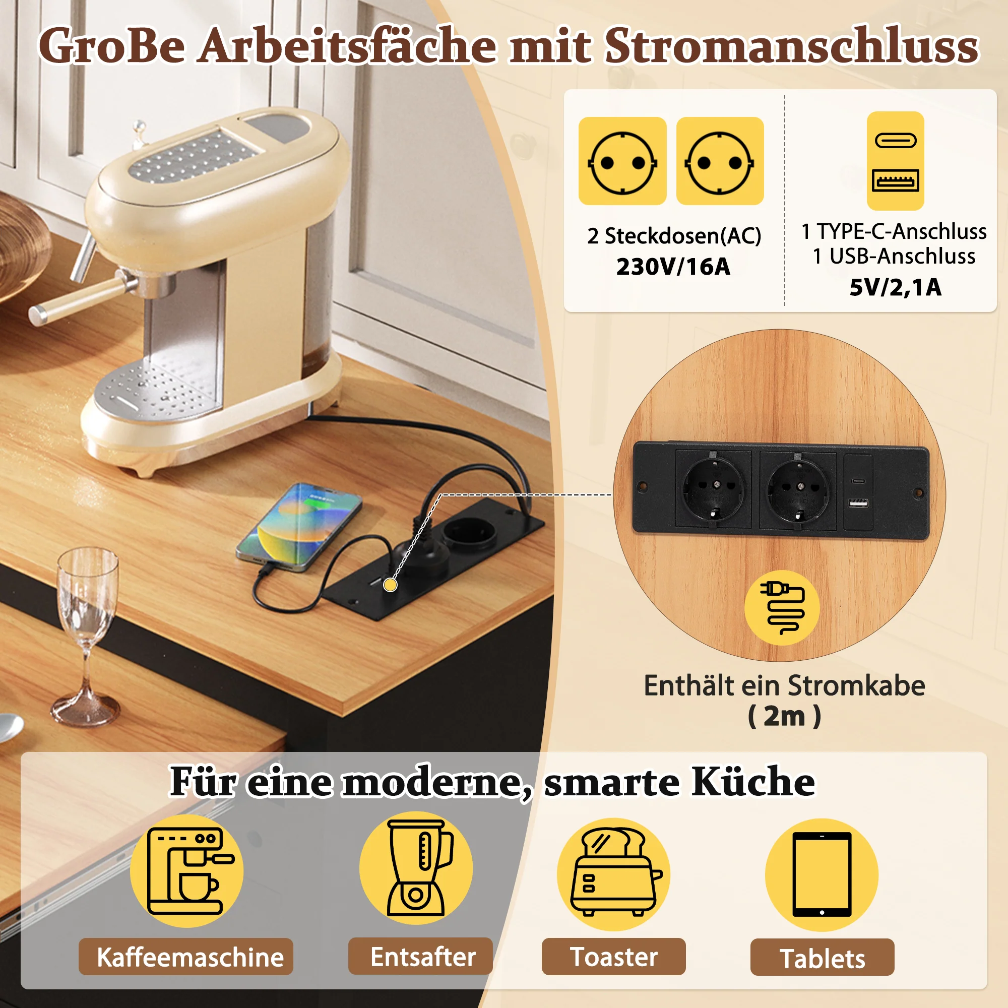 Kitchen Island Mobile Extendable Dining Worktop Waste Bin Power Strips - Black - Image 8