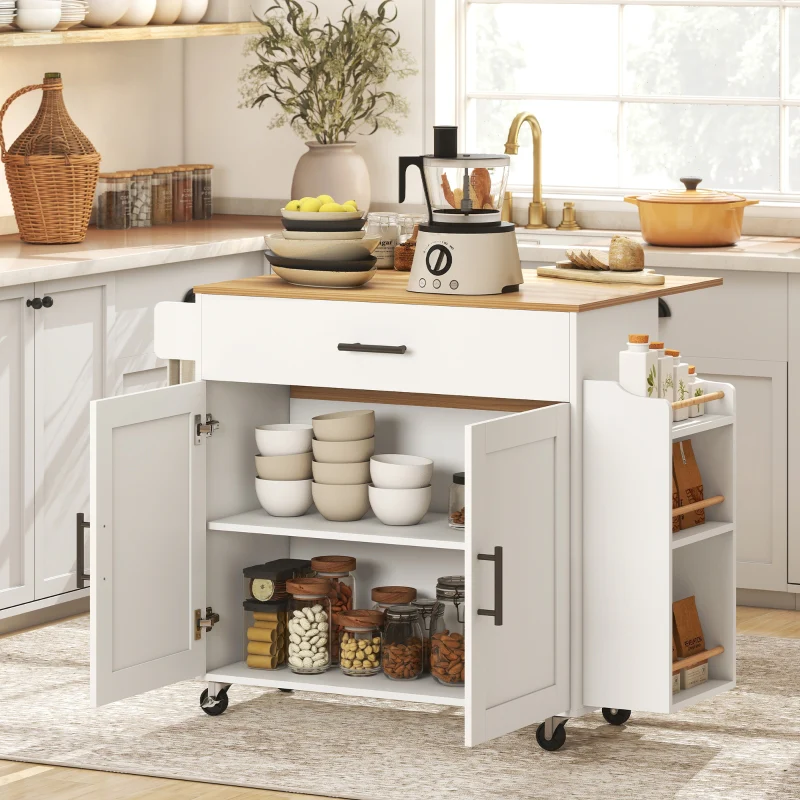 Kitchen Island Mobile Folding Worktop Drawer Shelf - White - Image 2