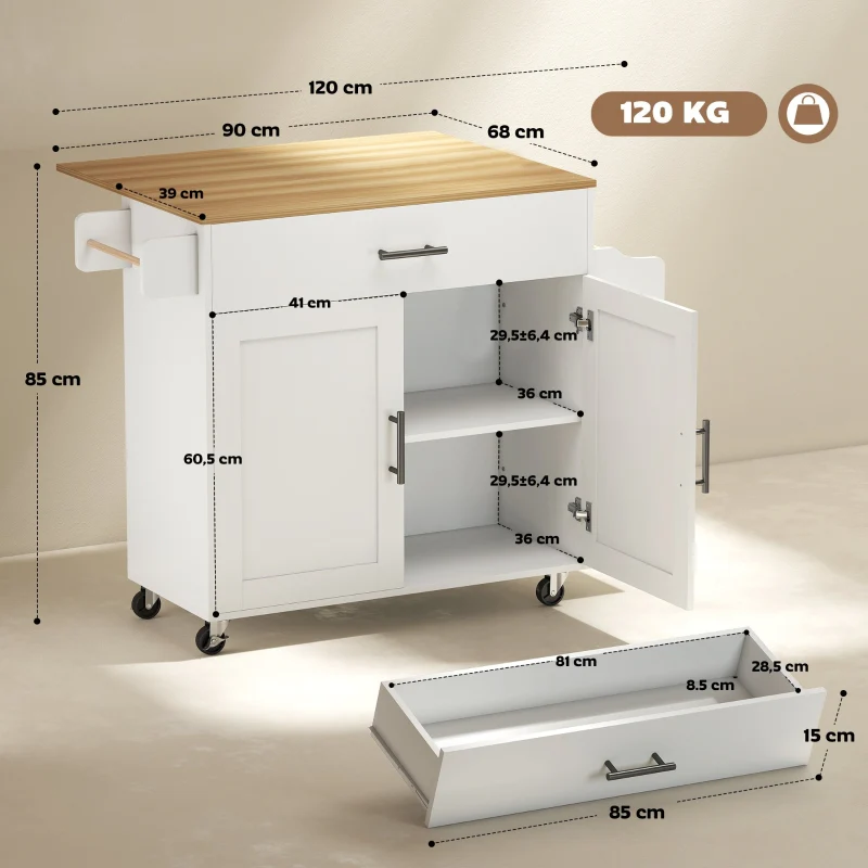 Kitchen Island Mobile Folding Worktop Drawer Shelf - White - Image 3