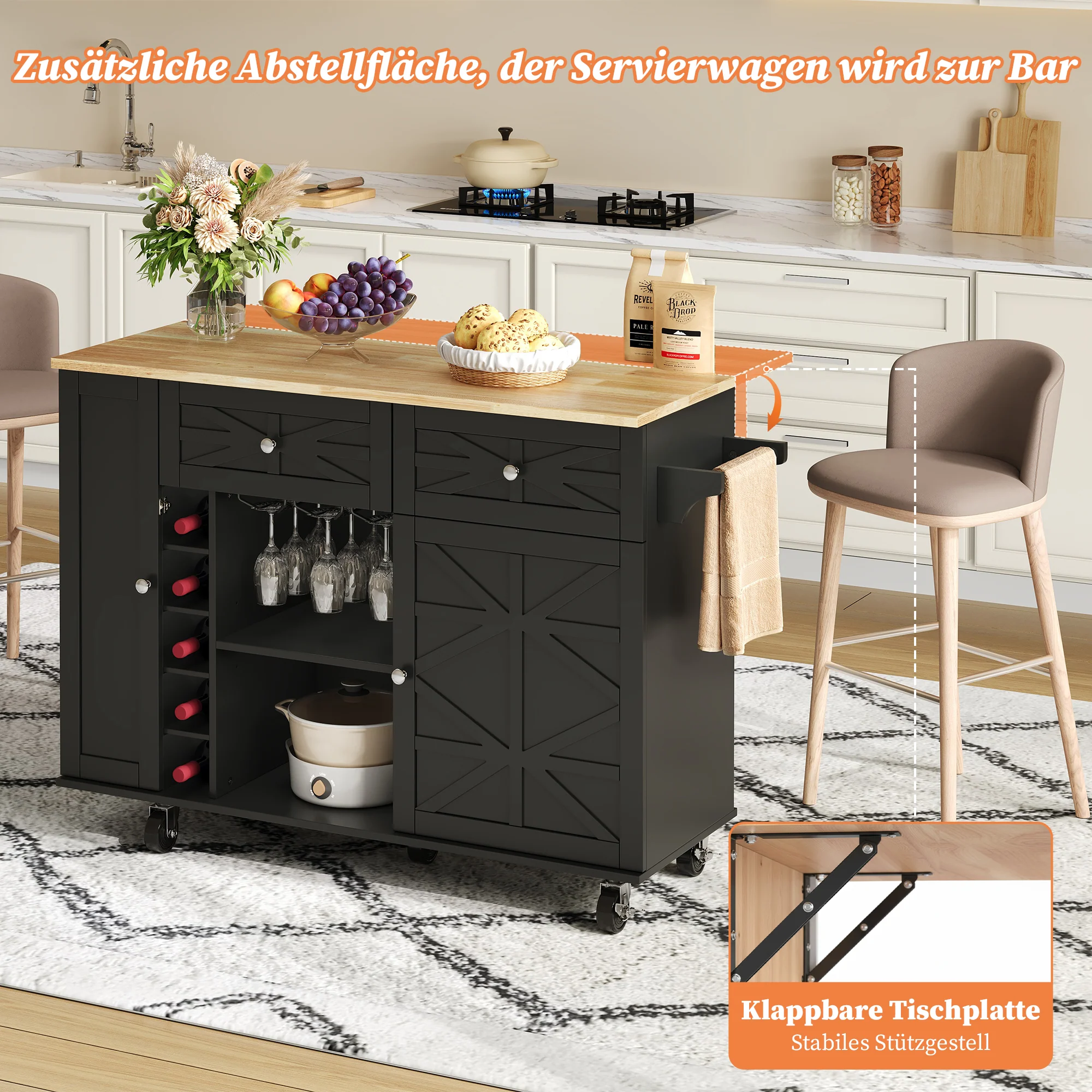 Kitchen Island Mobile Folding Worktop Wine Rack Storage - Black - Image 5