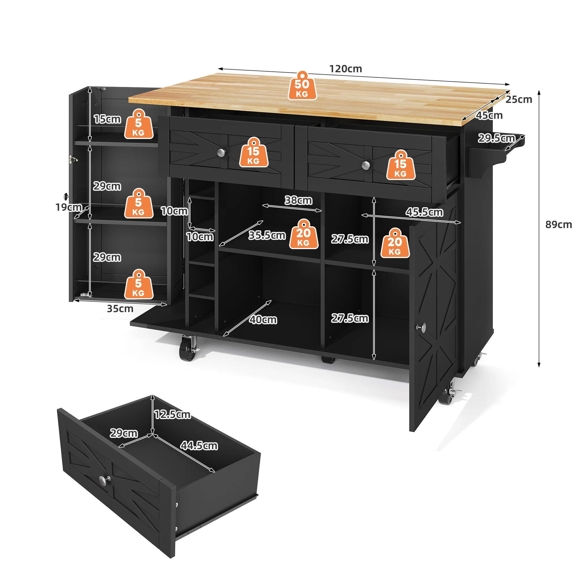Kitchen Island Mobile Folding Worktop Wine Rack Storage - Black - Image 7
