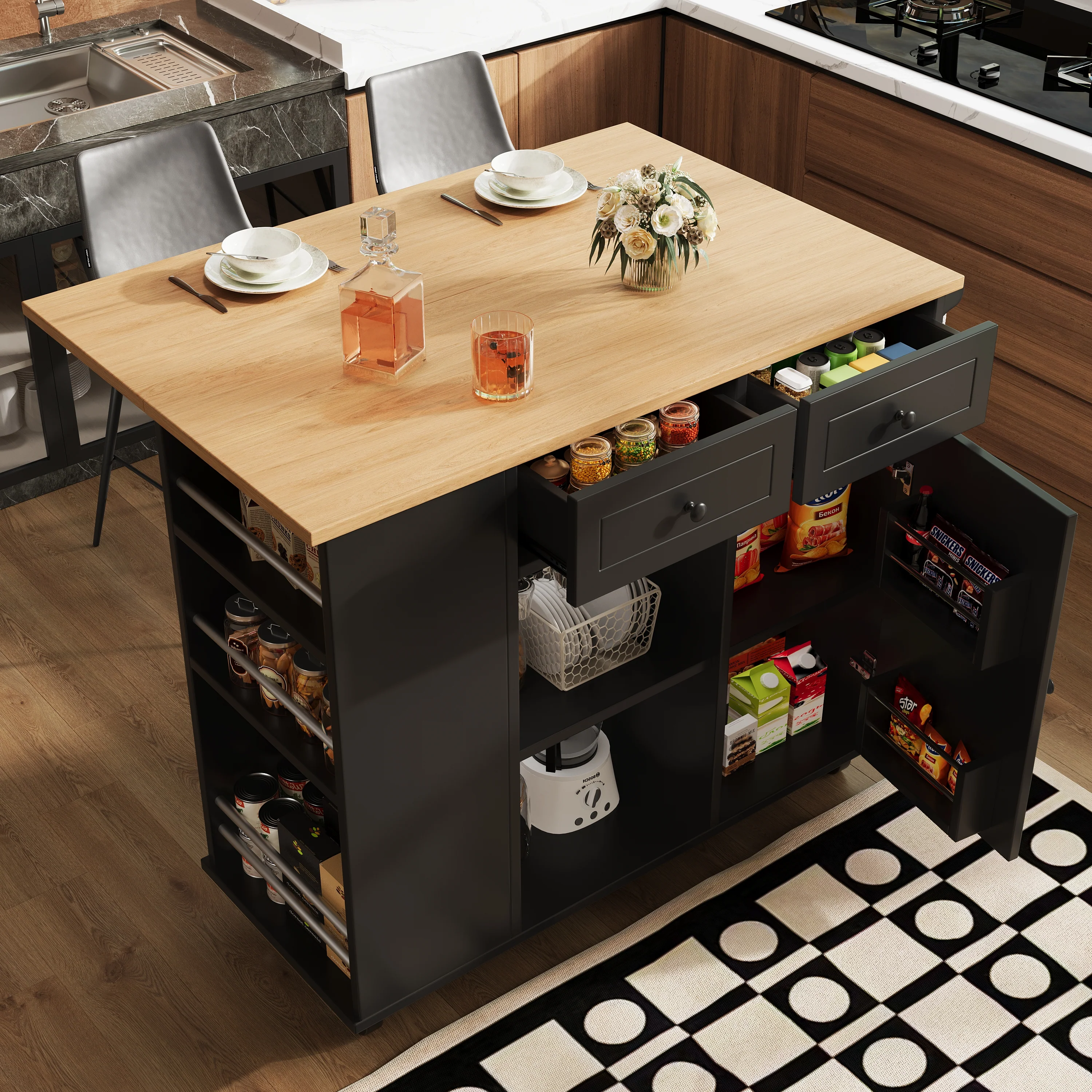 Kitchen Island Mobile Removable Partitions Wine Rack - Black Wood Grain - Image 2
