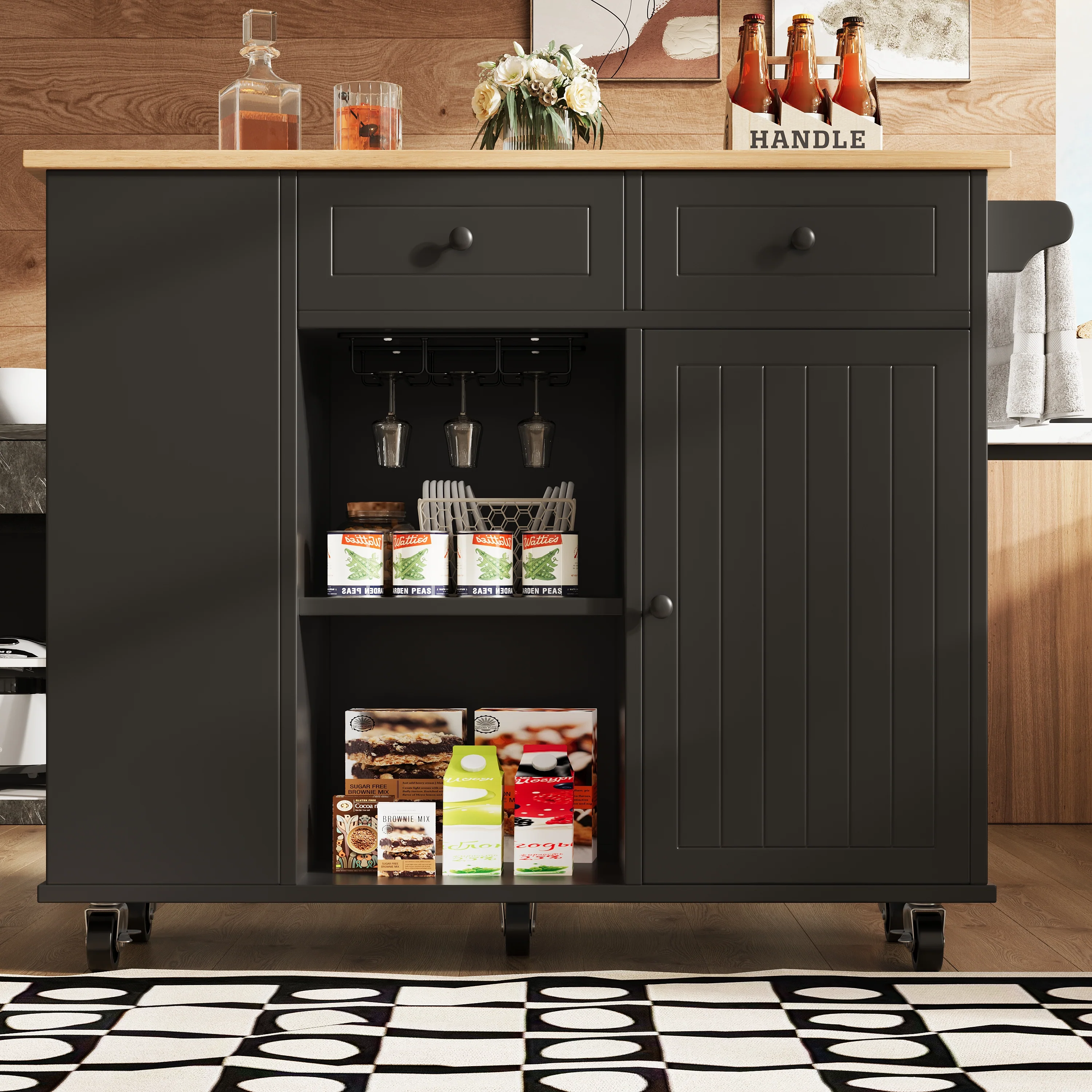 Kitchen Island Mobile Removable Partitions Wine Rack - Black Wood Grain - Image 3
