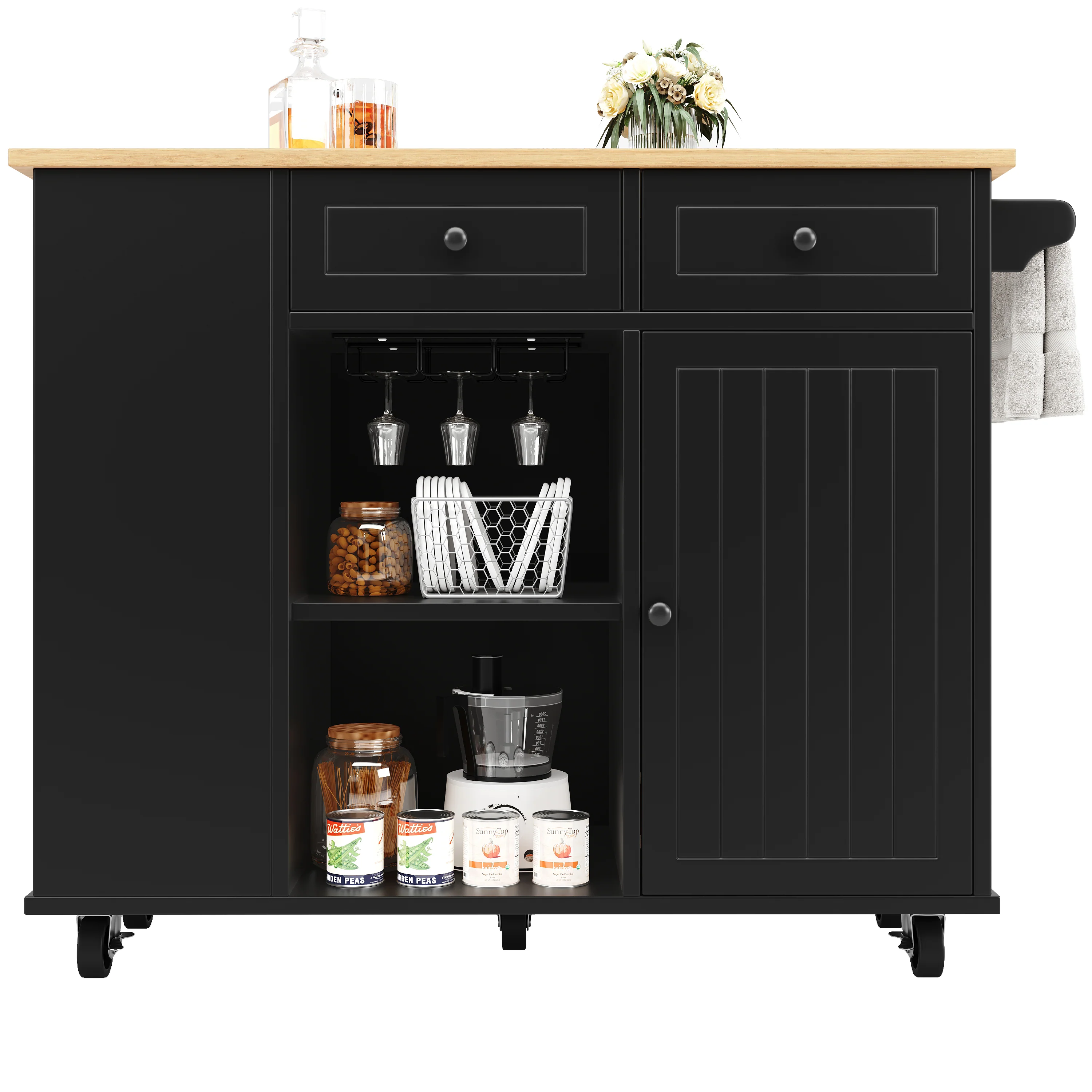Kitchen Island Mobile Removable Partitions Wine Rack - Black Wood Grain - Image 8