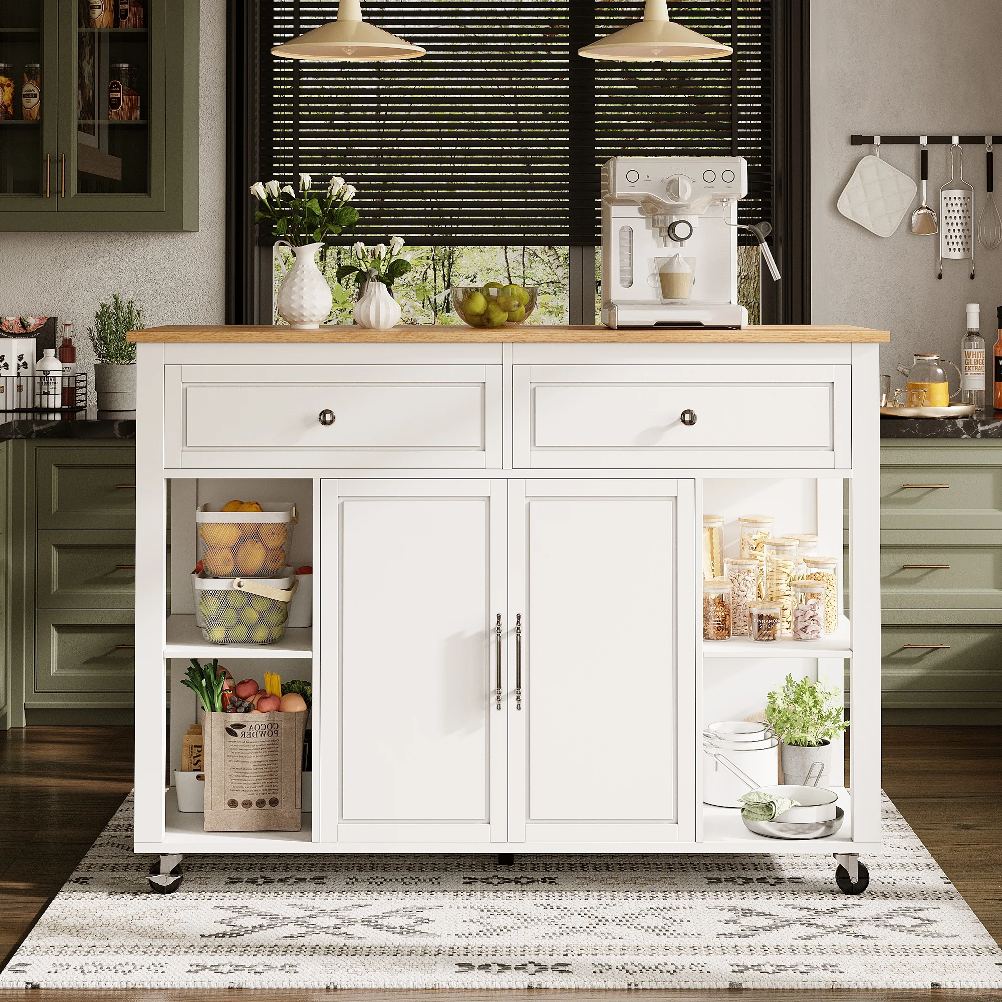 Kitchen Island Mobile Serving Trolley Storage 2 Drawers - Wood Grain - Image 2