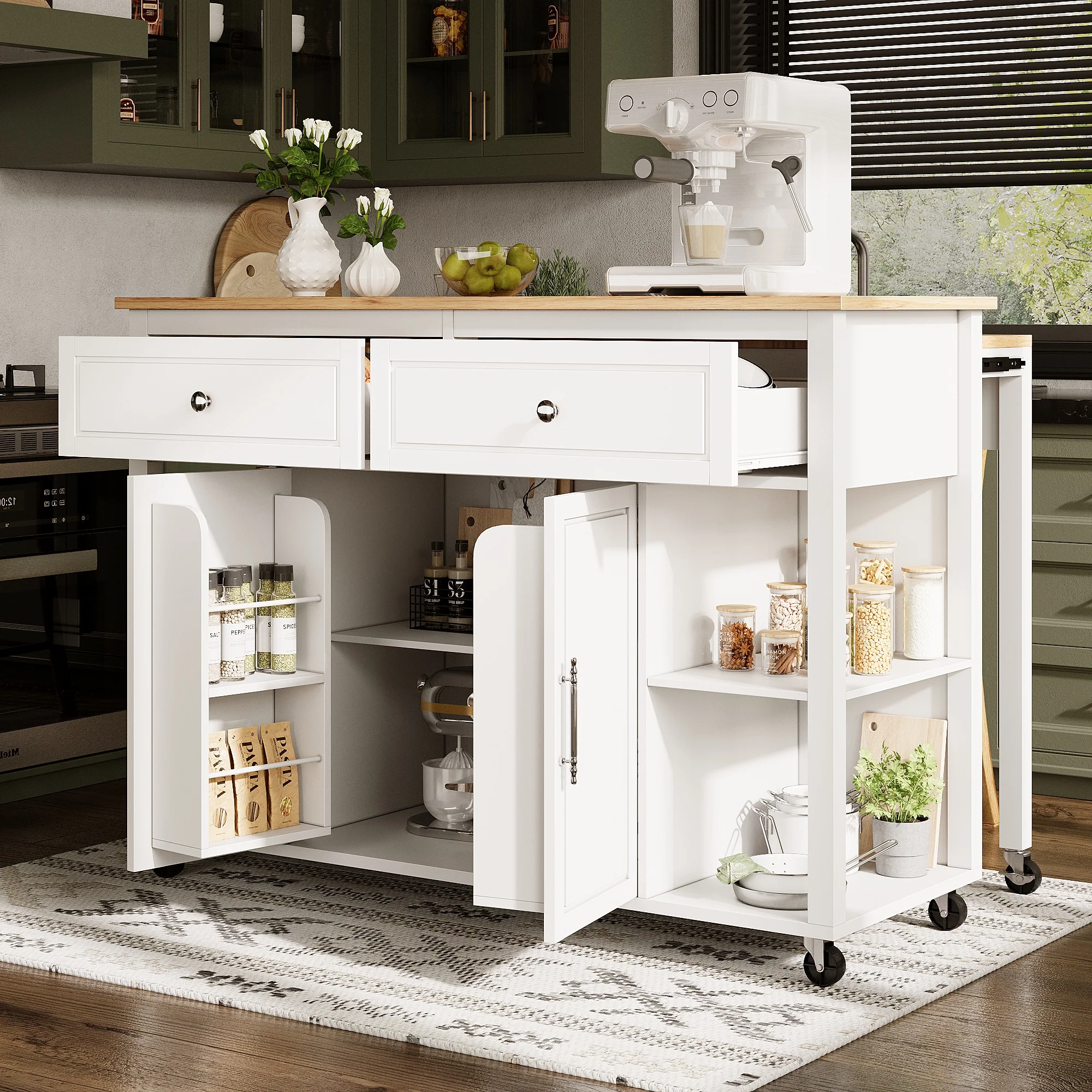 Kitchen Island Mobile Serving Trolley Storage 2 Drawers - Wood Grain - Image 3